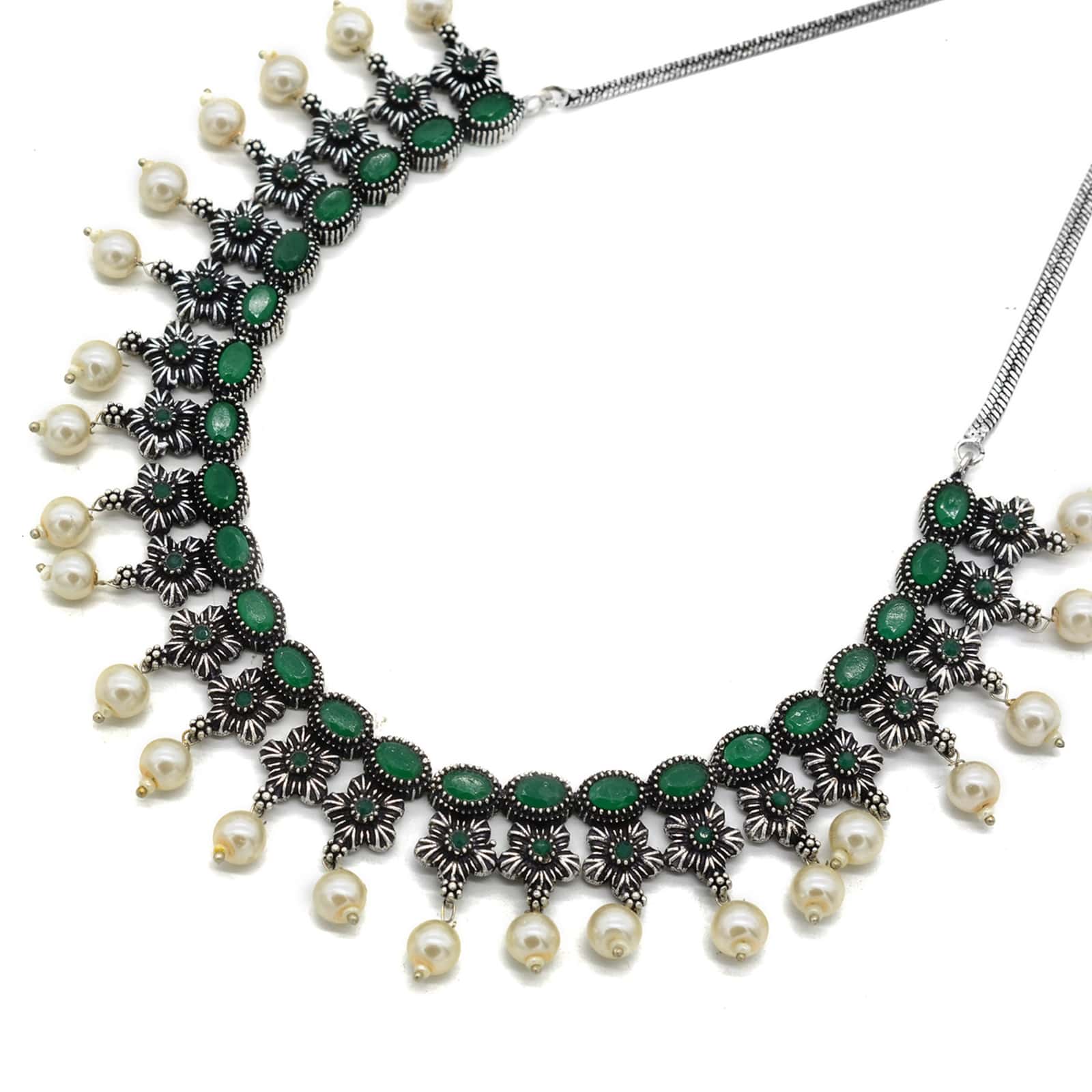 Ekladh Green Stone Silver Pearl Necklace Set - Image 3