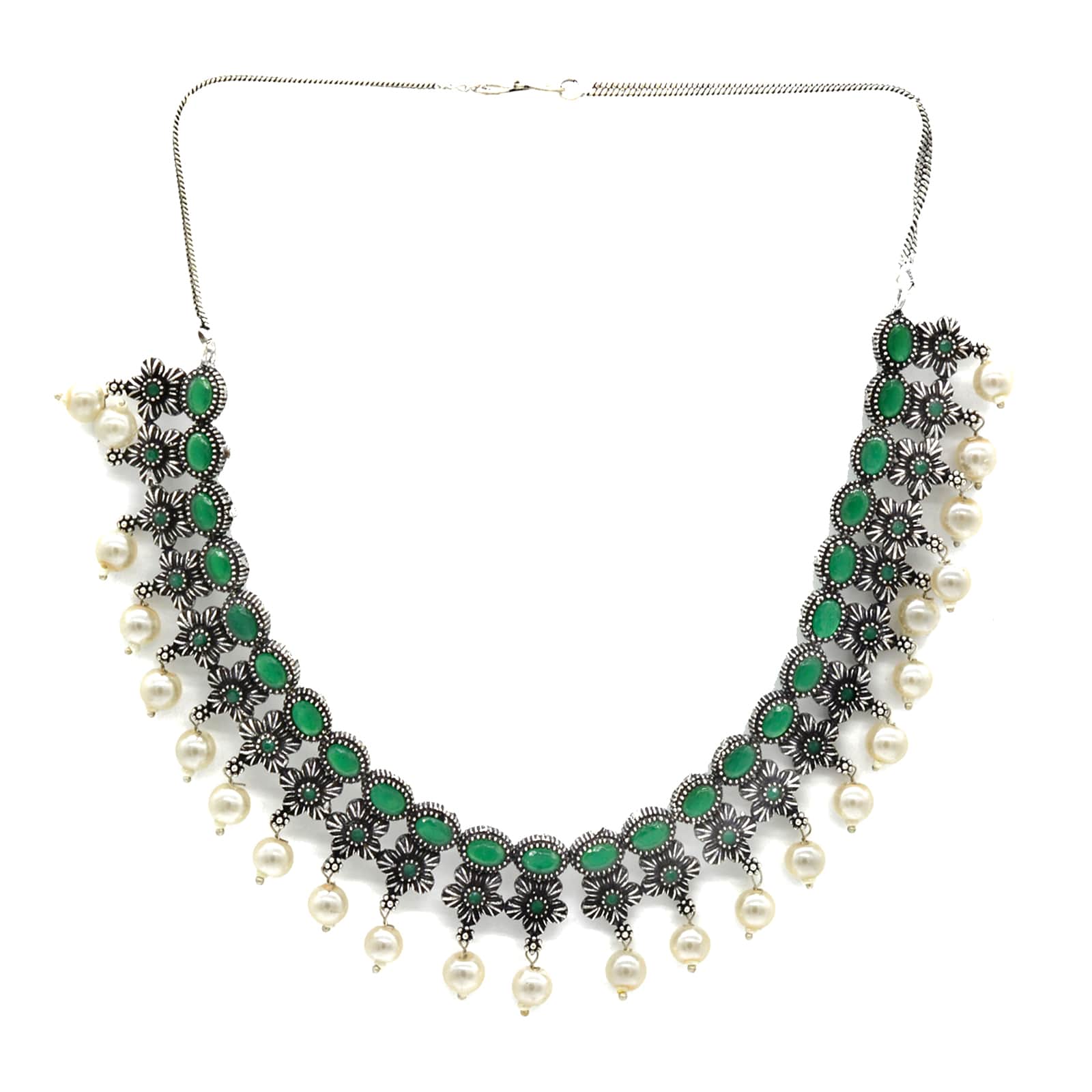 Ekladh Green Stone Silver Pearl Necklace Set - Image 4