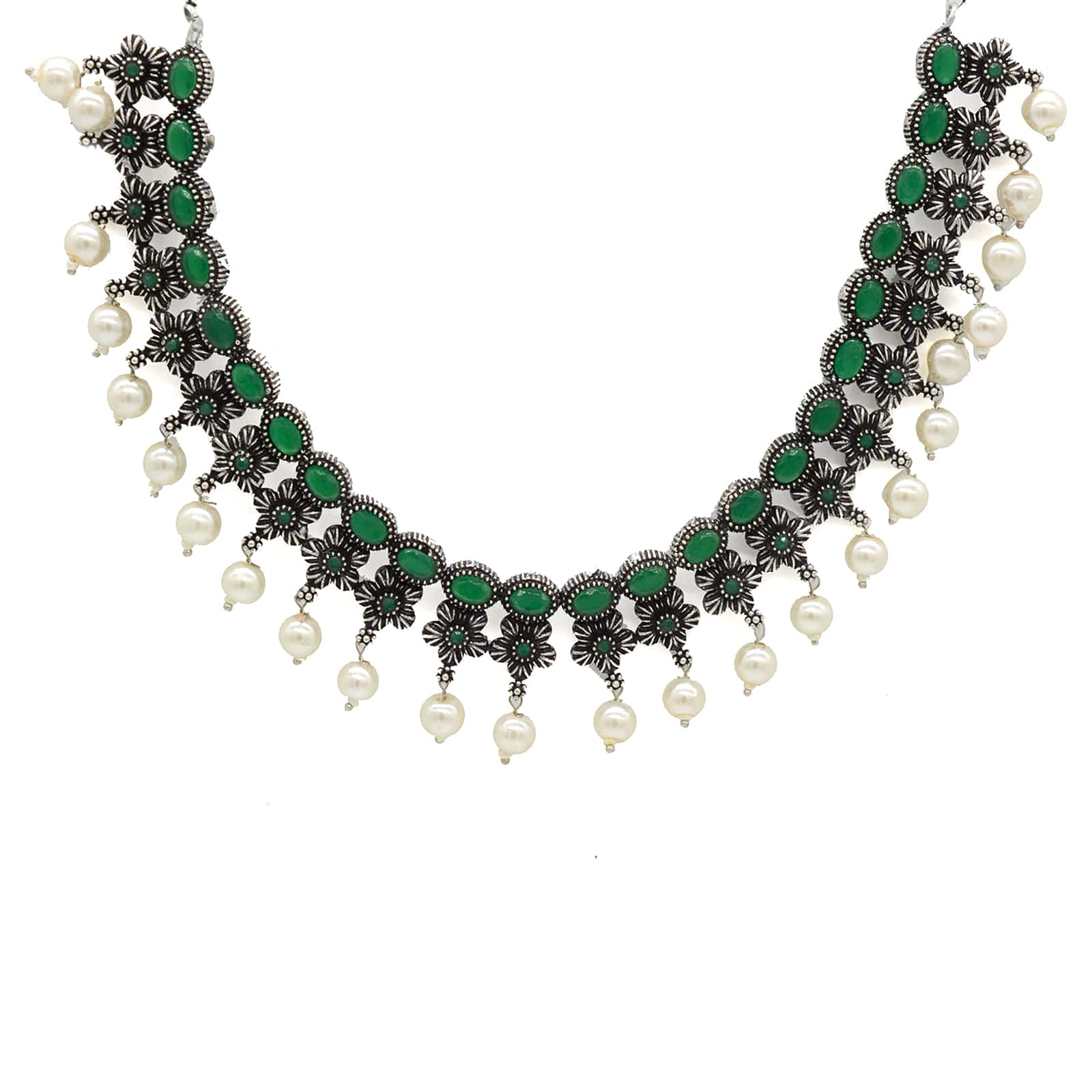 Ekladh Green Stone Silver Pearl Necklace Set - Image 5