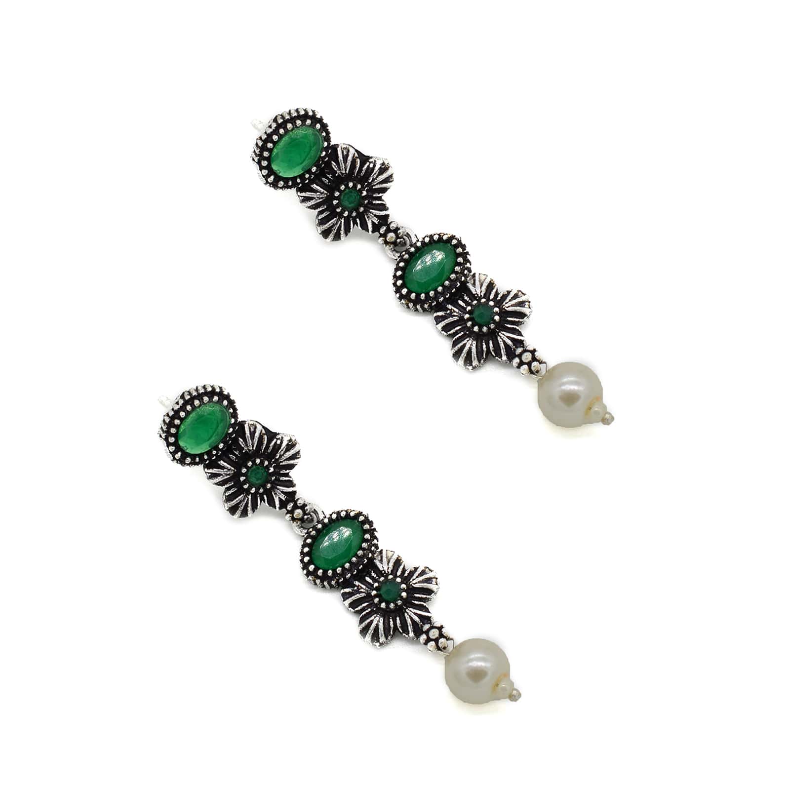 Ekladh Green Stone Silver Pearl Necklace Set - Image 7