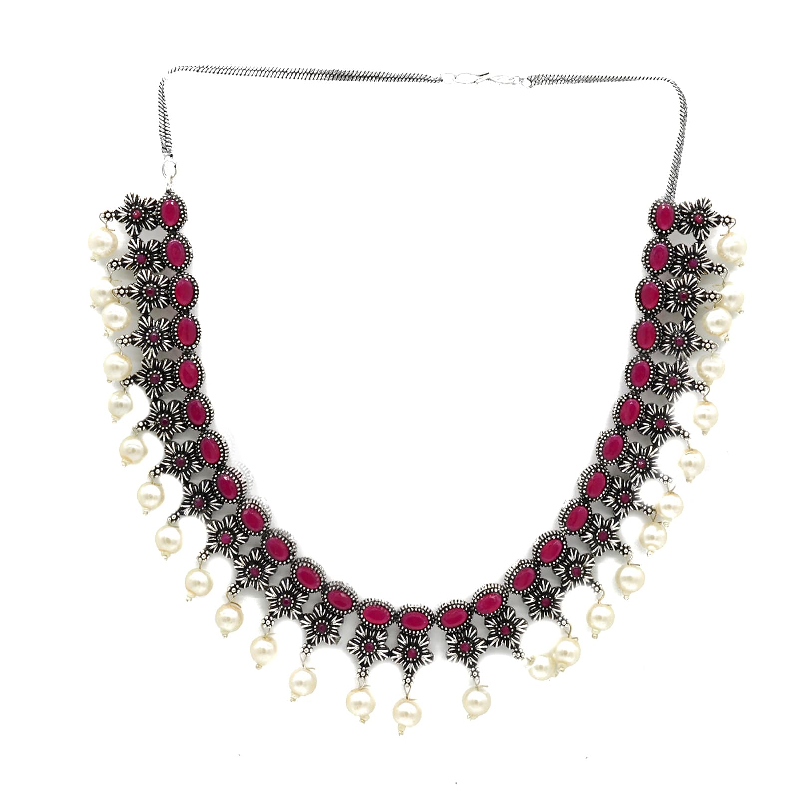 Ekladh Red Stone Silver Pearl Necklace Set - Image 3