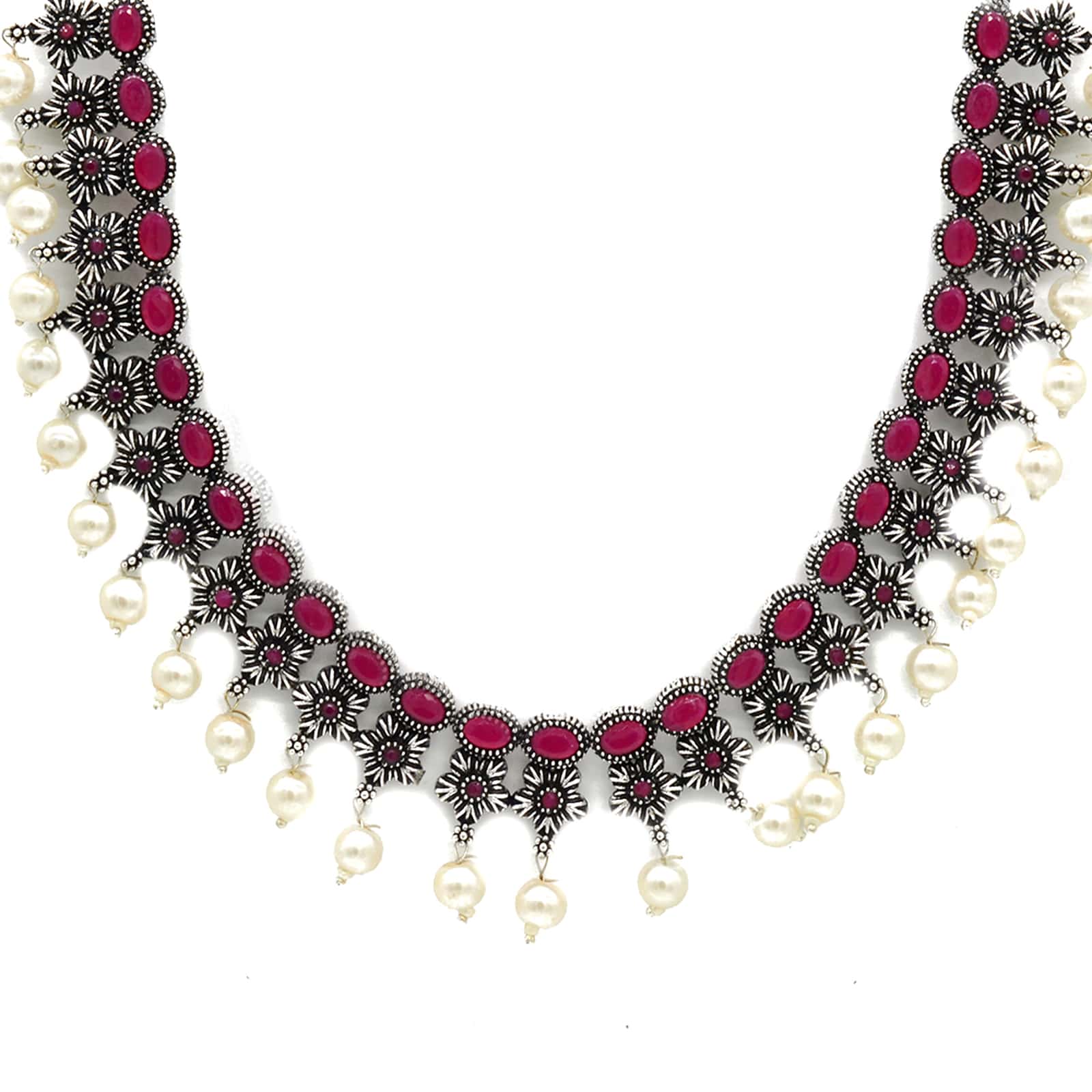 Ekladh Red Stone Silver Pearl Necklace Set - Image 4