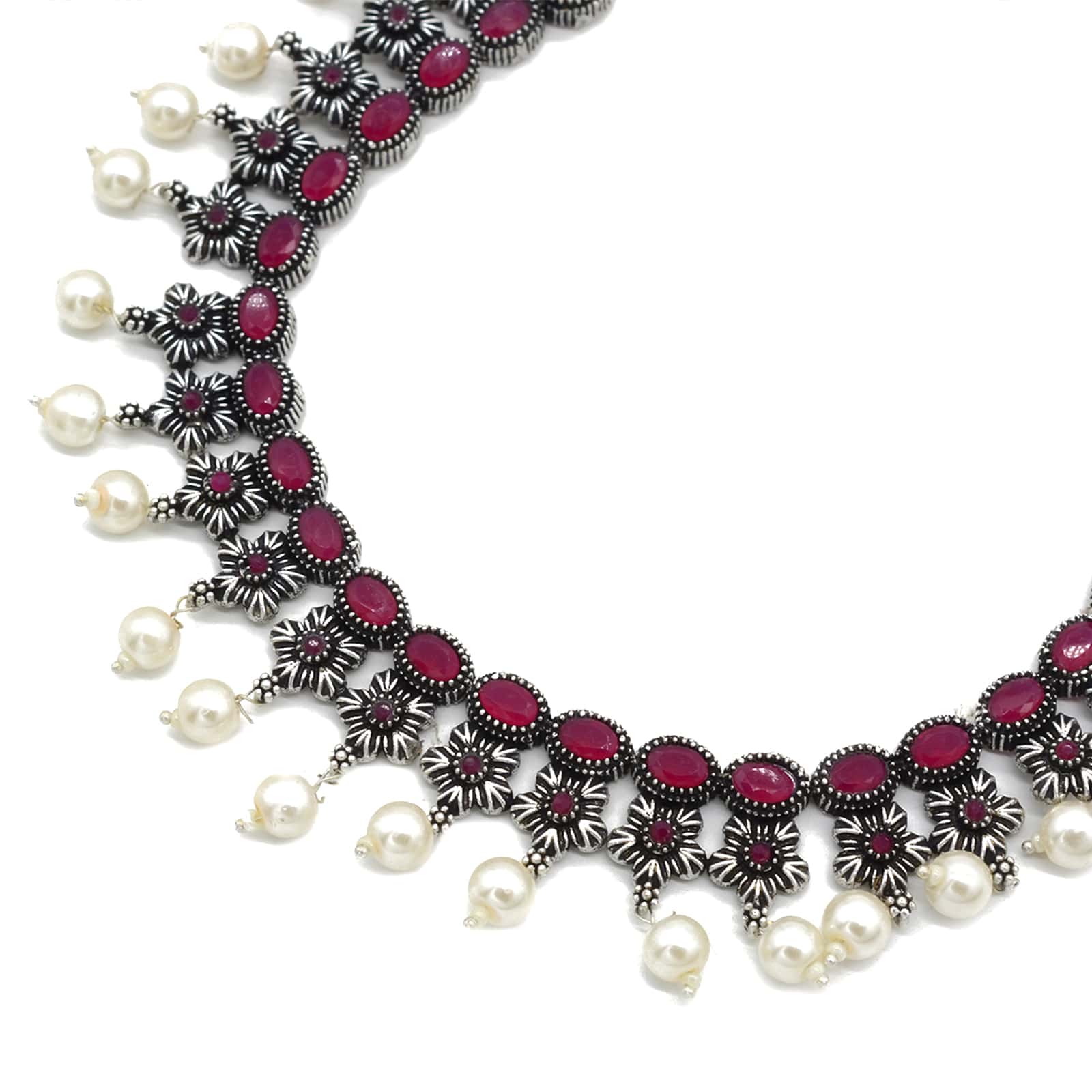 Ekladh Red Stone Silver Pearl Necklace Set - Image 5