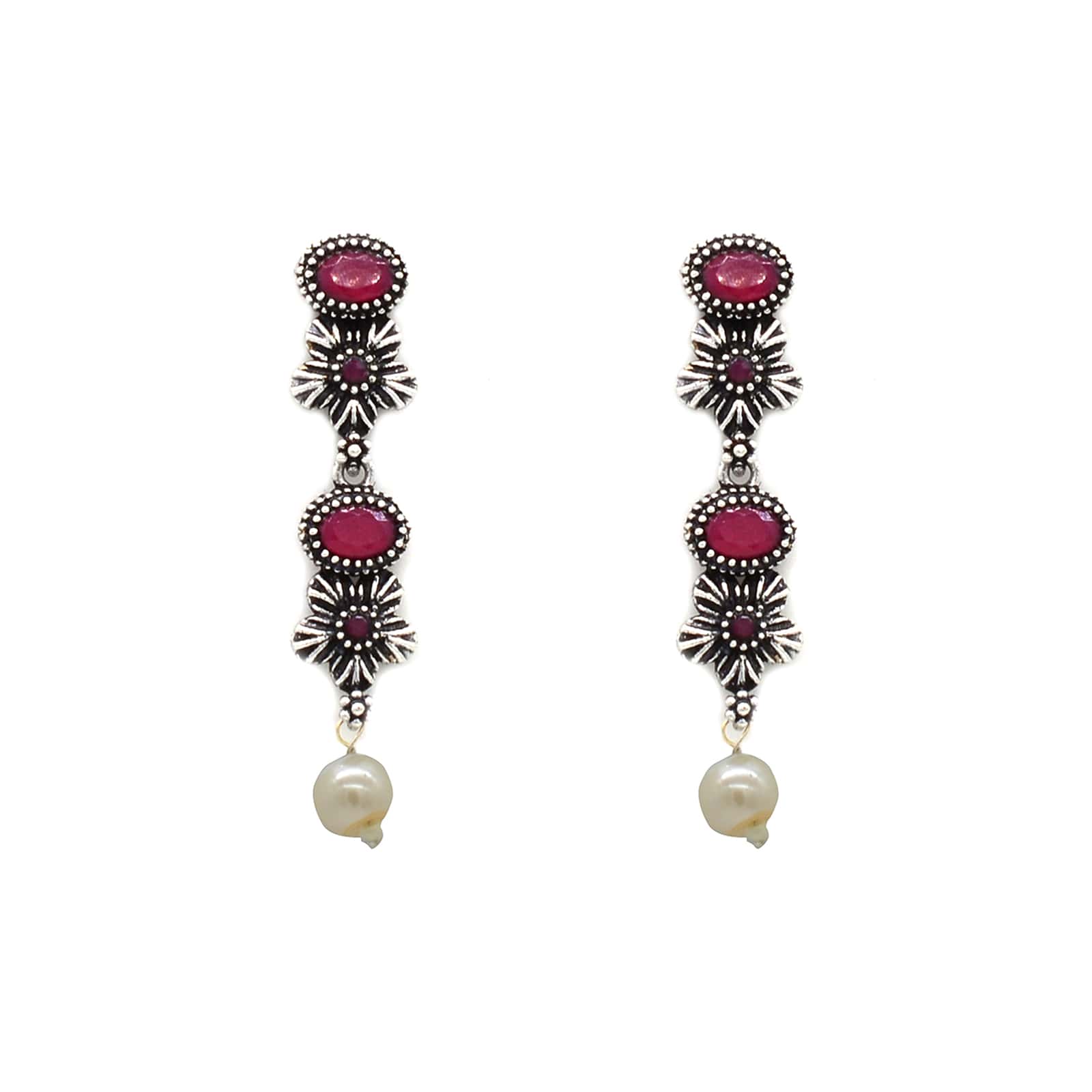 Ekladh Red Stone Silver Pearl Necklace Set - Image 7
