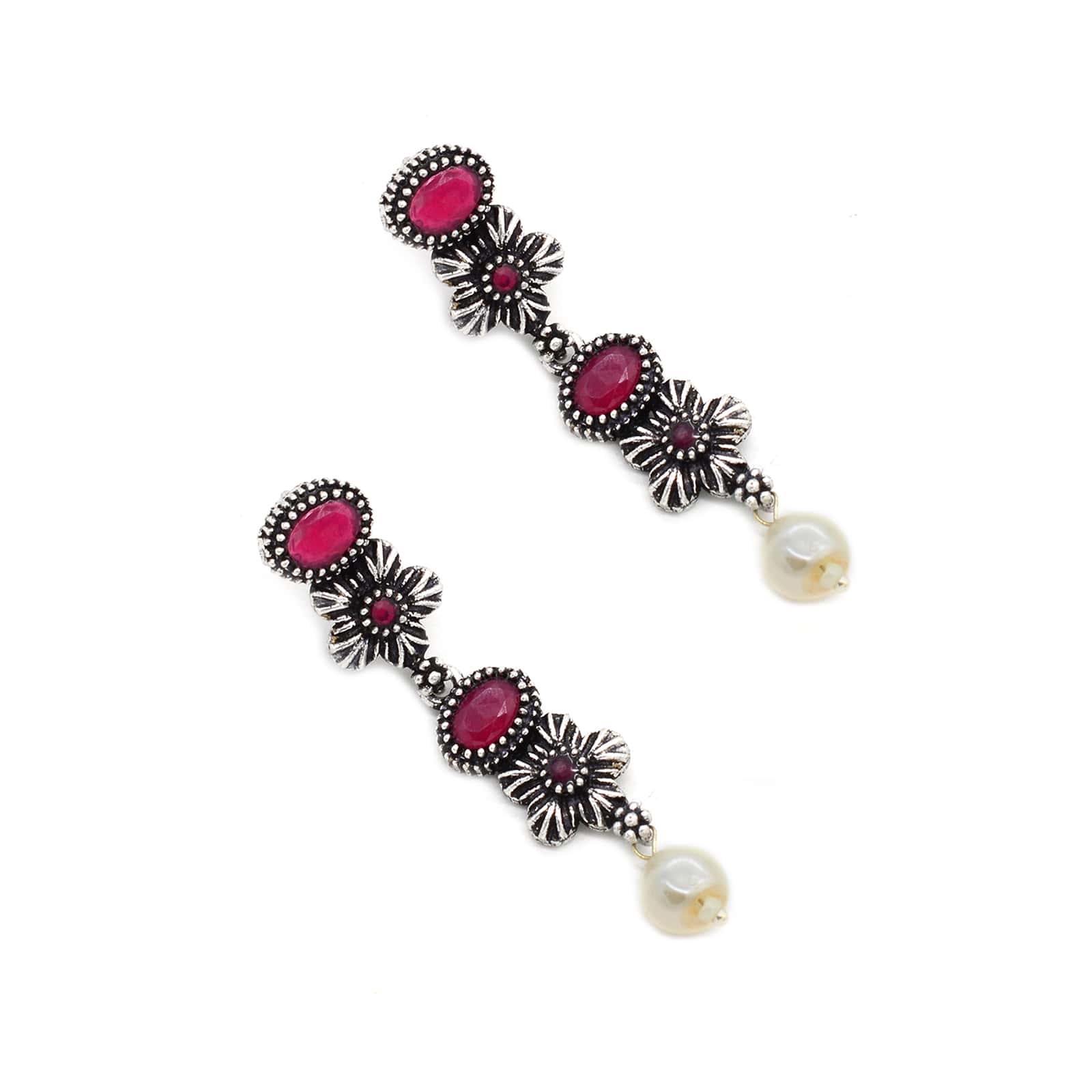 Ekladh Red Stone Silver Pearl Necklace Set - Image 8