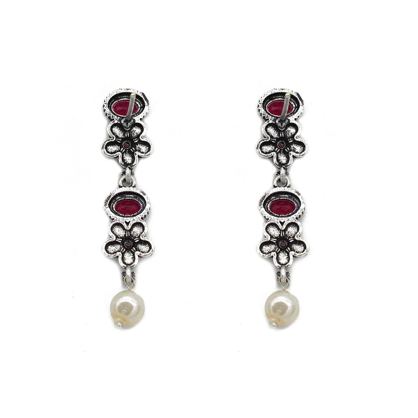 Ekladh Red Stone Silver Pearl Necklace Set - Image 9