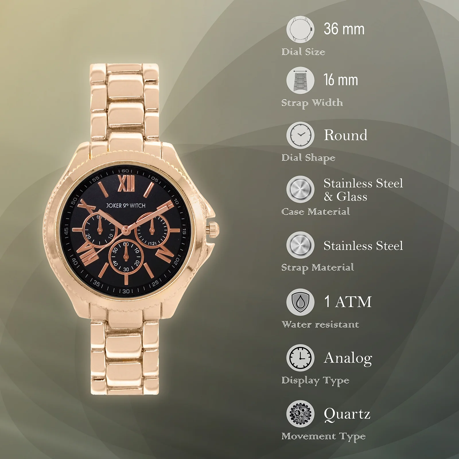 Ella Black Medium Dial Rose Gold Linked Chain Strap Women's Watch - Image 5