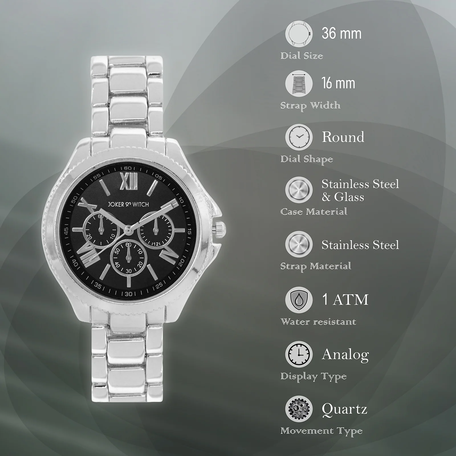 Ella Black Medium Dial Silver Linked Chain Strap Women's Watch - Image 5