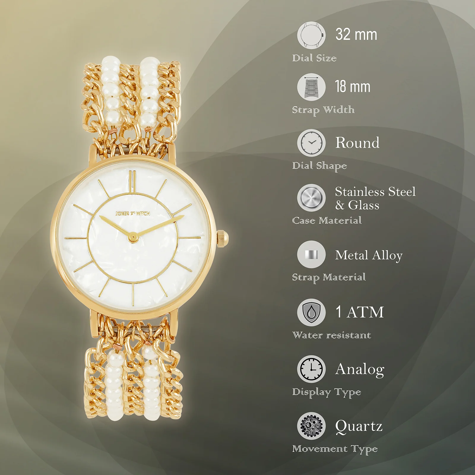 Elloria White MOP Medium Dial Gold Pearl Strap Women's Watch - Image 9