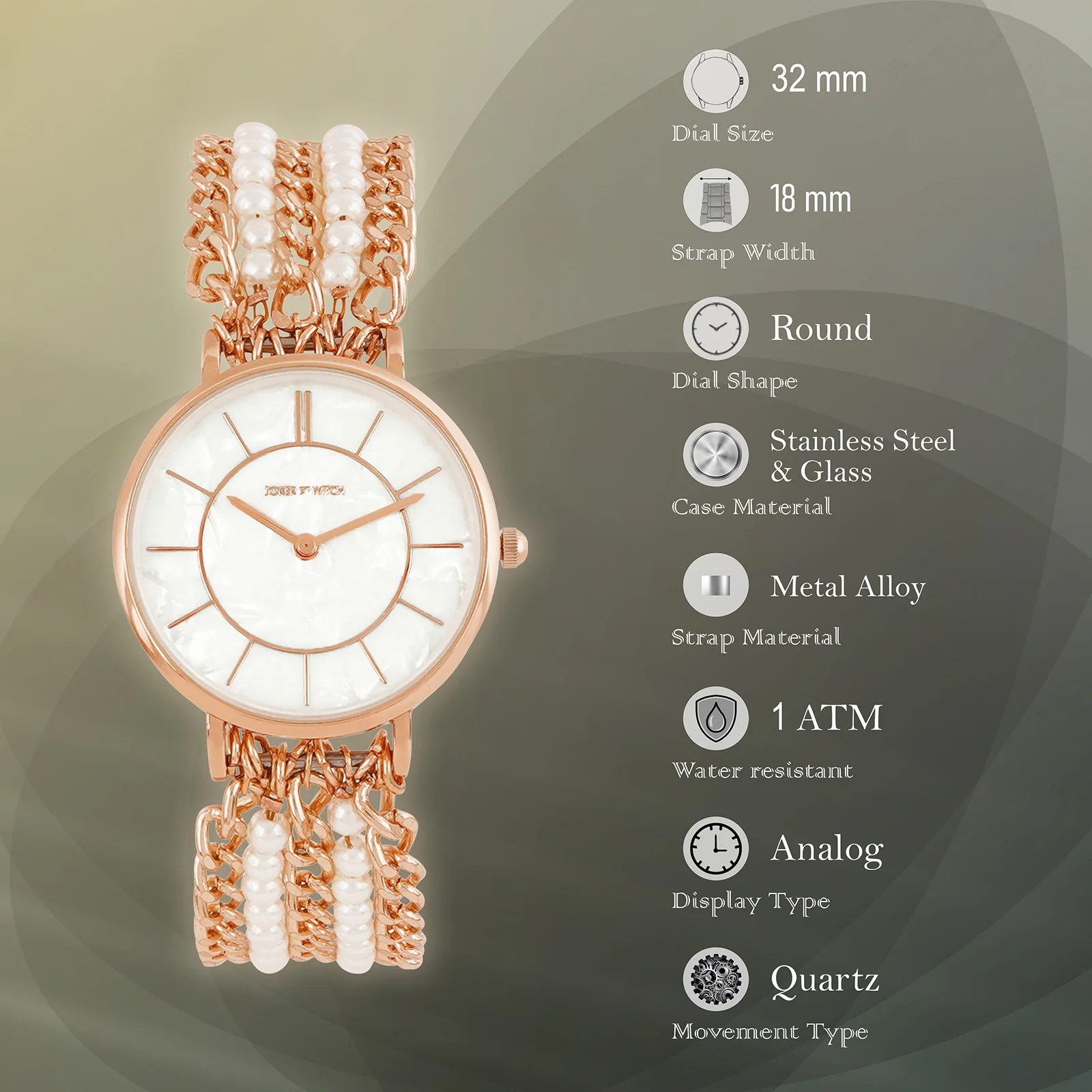 Elloria White MOP Medium Dial Rose Gold Pearl Strap Women's Watch - Image 9