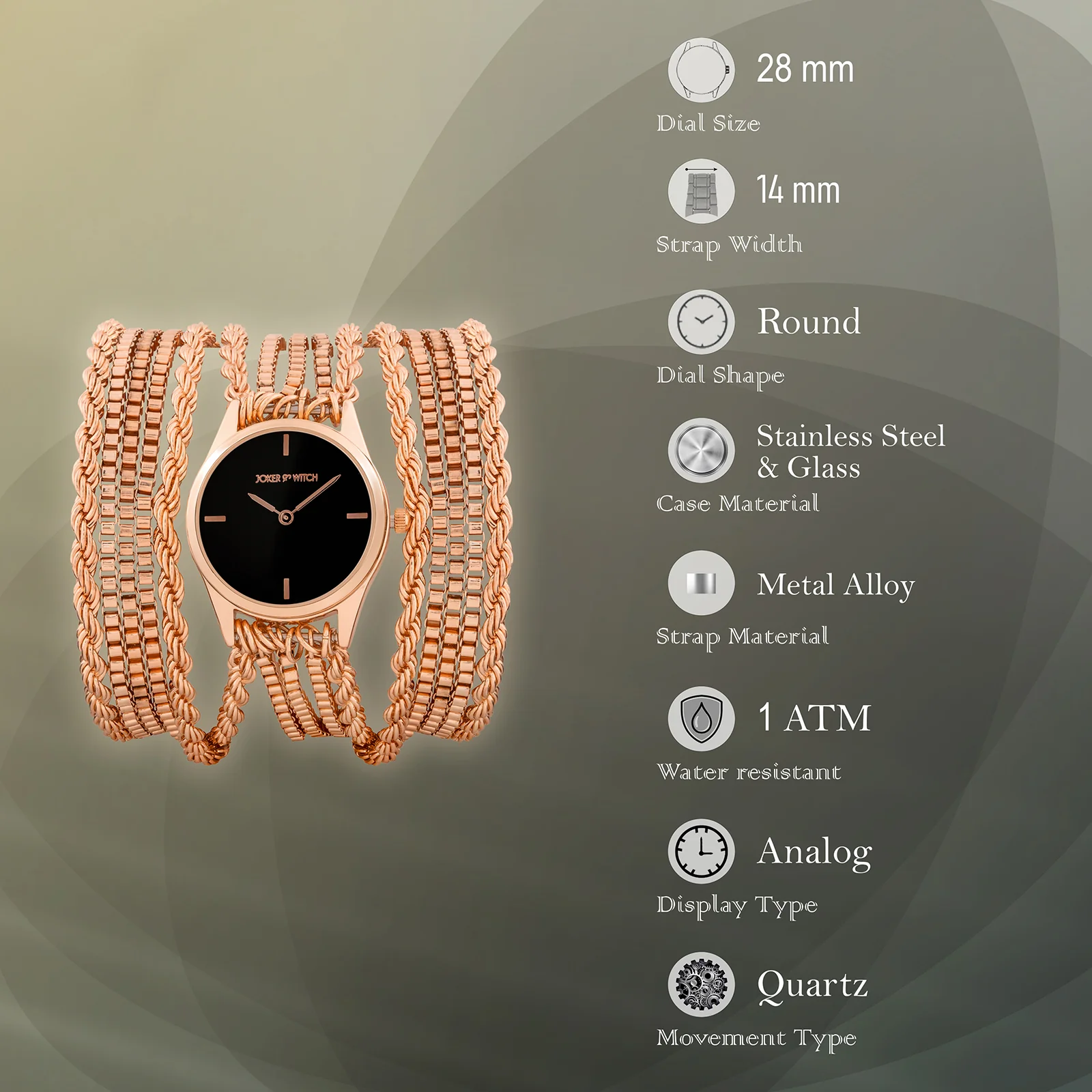 Eltina Black Small Dial Rose Gold Chain Wrap Around Strap Women's Watch - Image 7