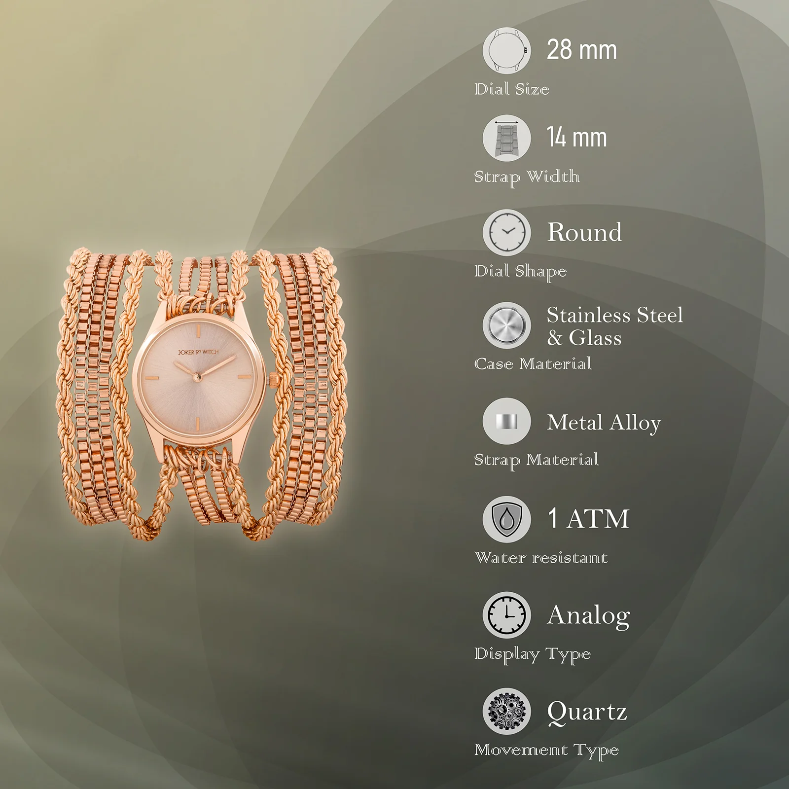 Eltina Rose Gold Small Dial Chain Wrap Around Strap Women's Watch - Image 7