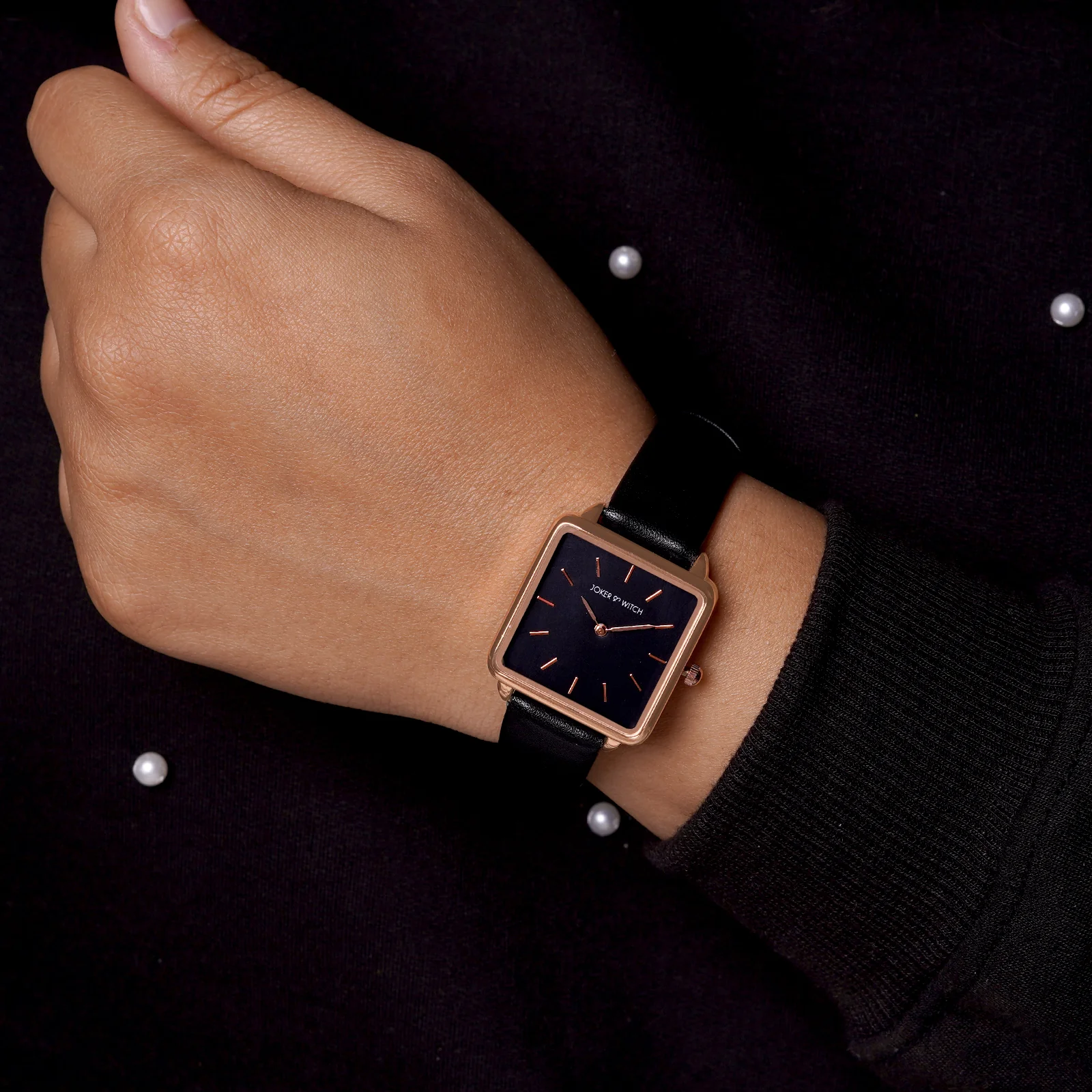 Emily Rose Gold Black Small Square Dial PU Strap Women's Watch - Image 4