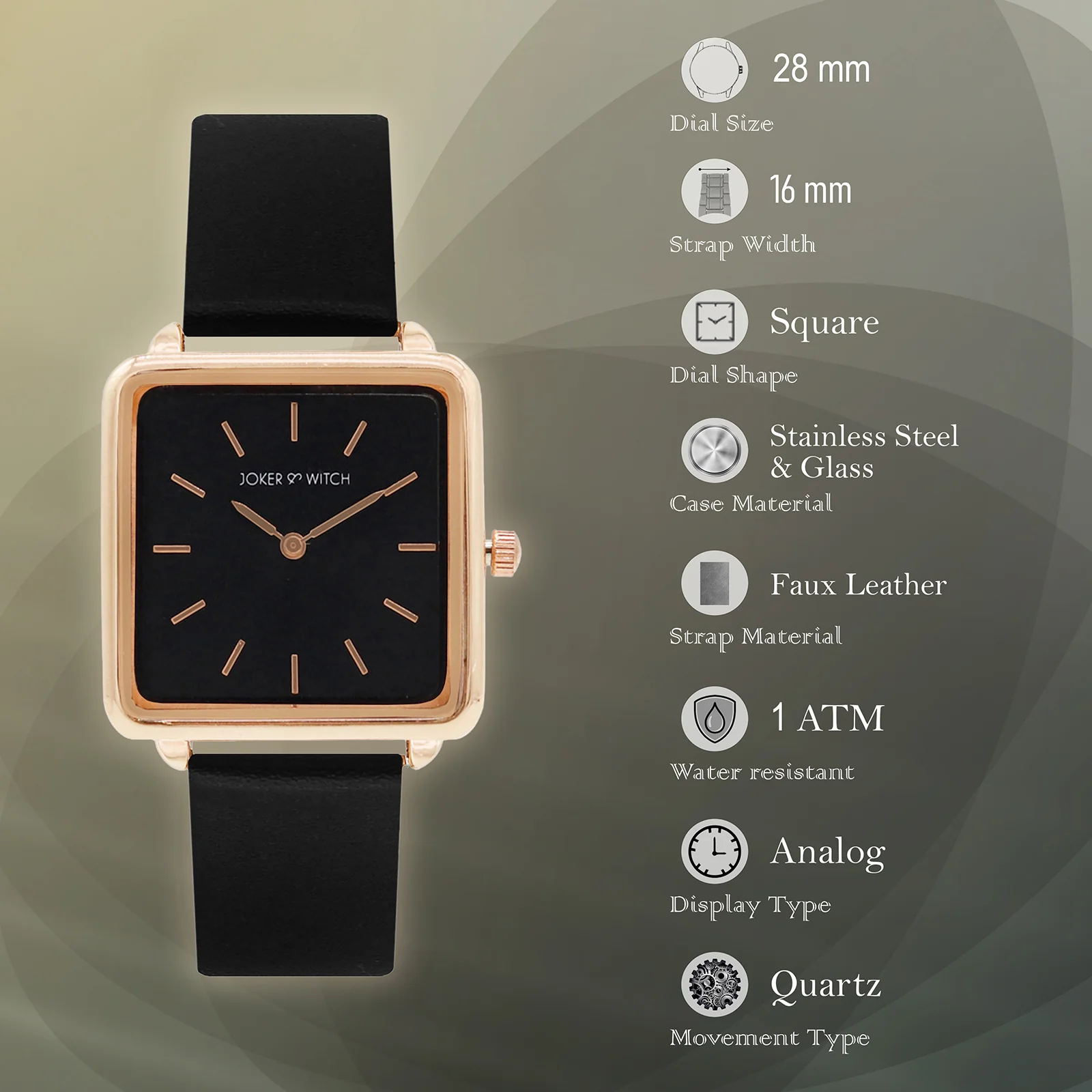 Emily Rose Gold Black Small Square Dial PU Strap Women's Watch - Image 6