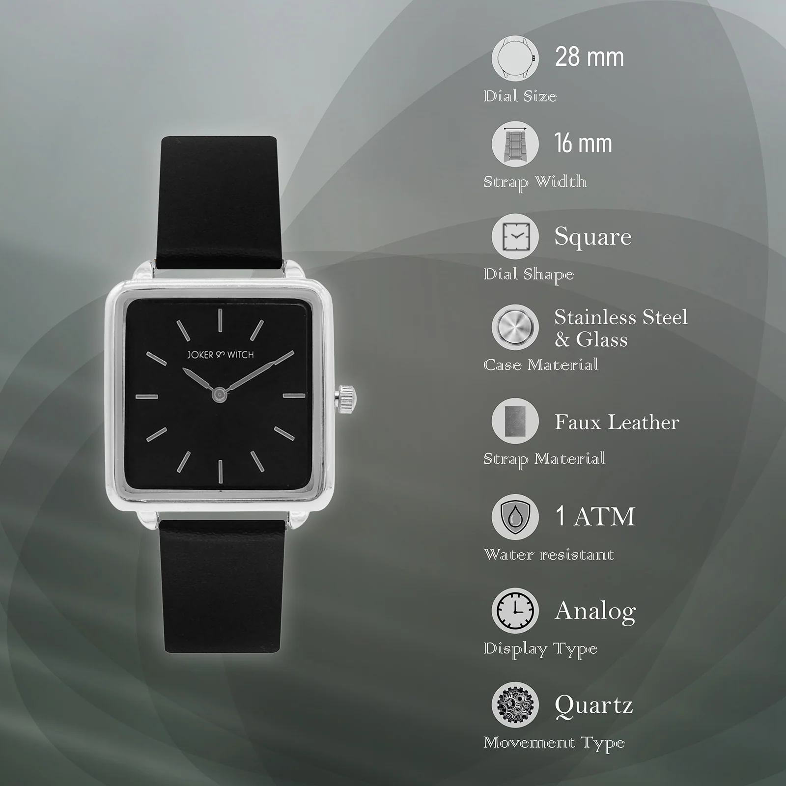 Emily Silver Black Small Square Dial PU Strap Women's Watch - Image 6