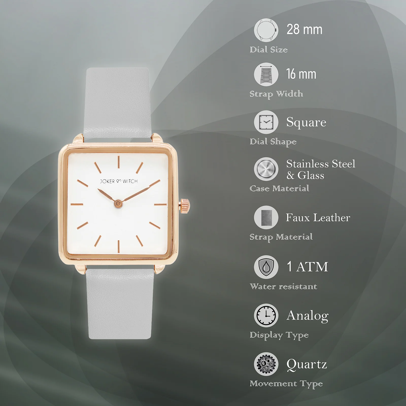 Emily White Small Square Dial Grey PU Strap Women's Watch - Image 7