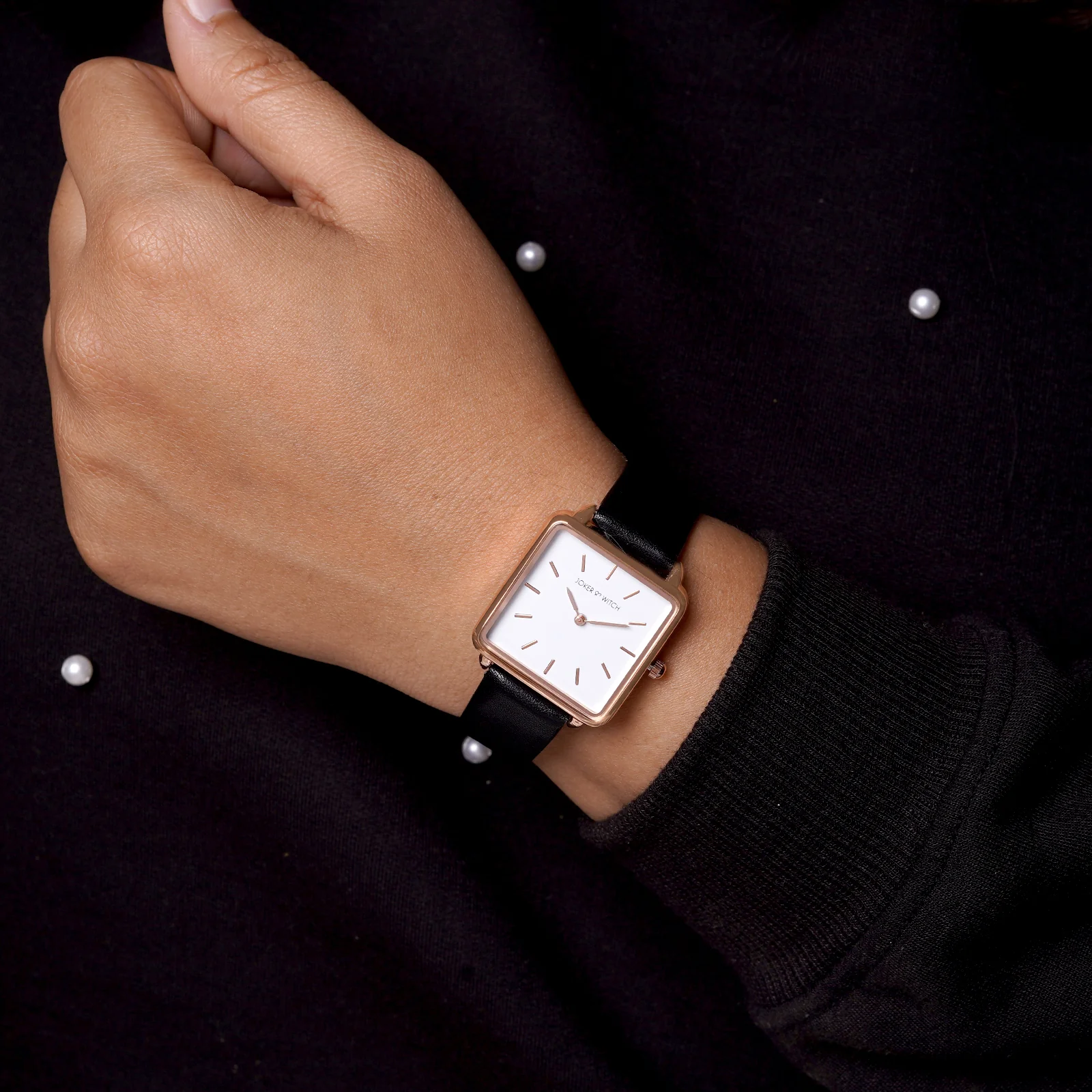 Emily White Small Square Dial Black  PU Strap Women's Watch - Image 2