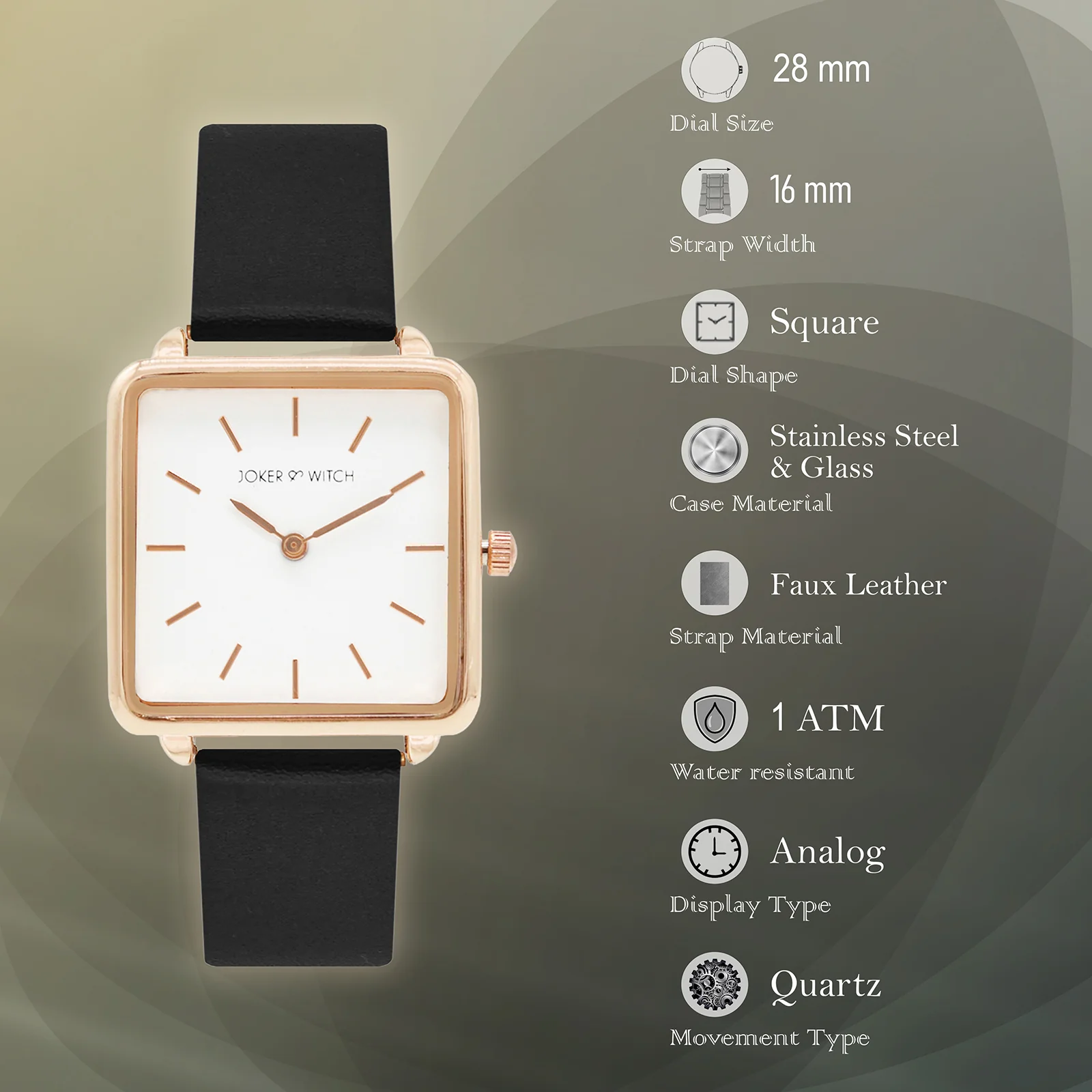 Emily White Small Square Dial Black  PU Strap Women's Watch - Image 6