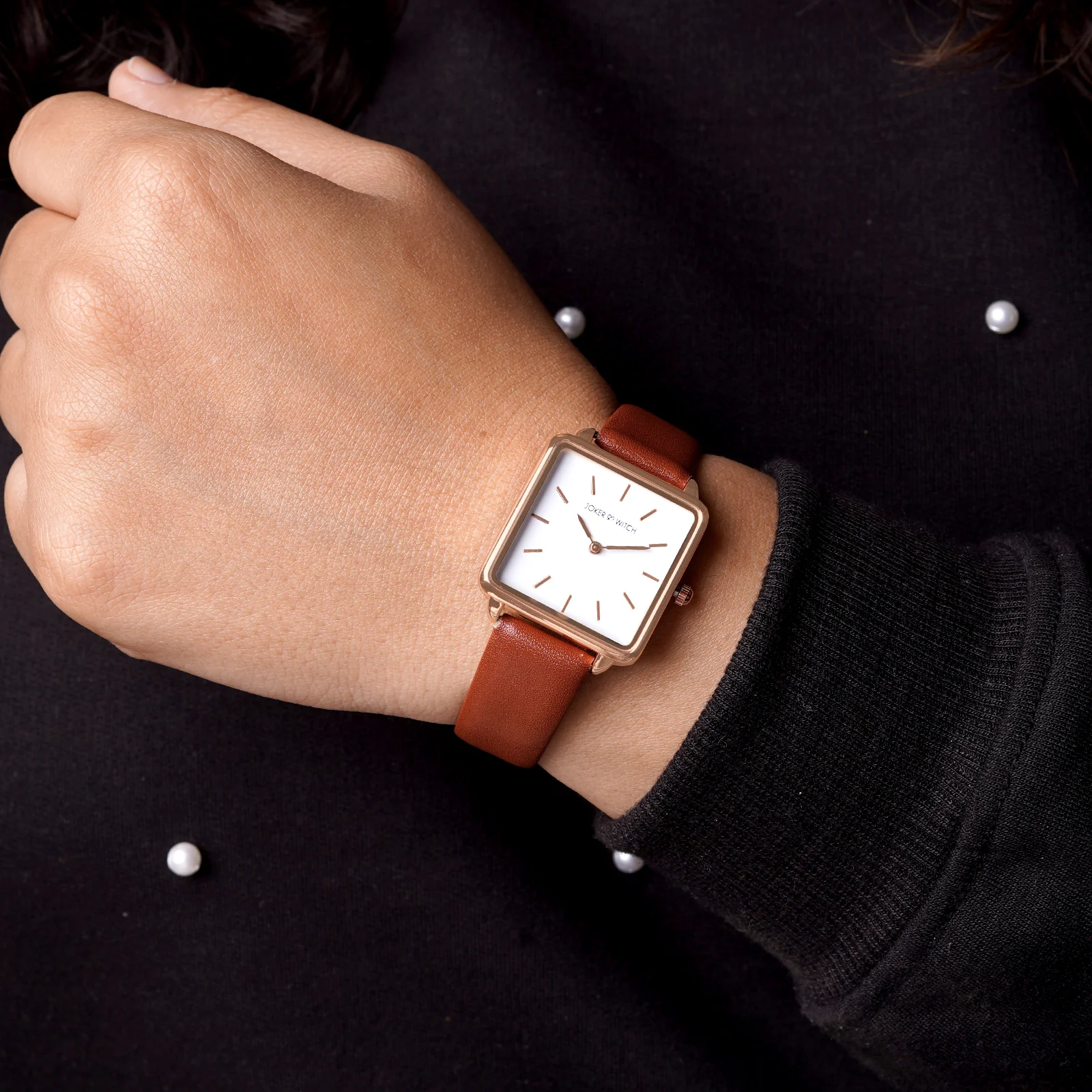 Emily White Small Square Dial Brown PU Strap Women's Watch - Image 2