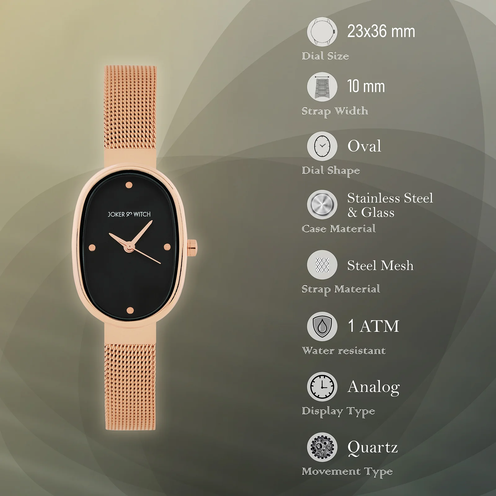 Enola Black Small Oval Dial Rose Gold Mesh Strap Women's Watch - Image 7