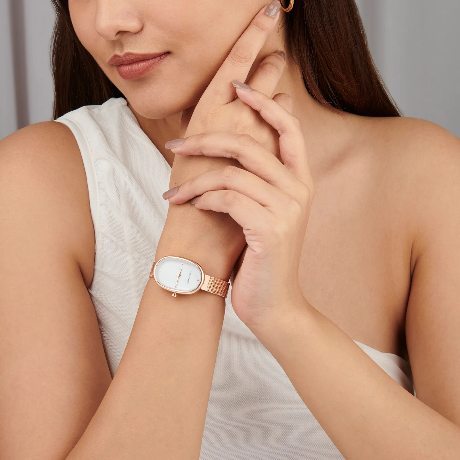 Enola White Small Oval Dial Rose Gold Mesh Strap Women's Watch - Image 2