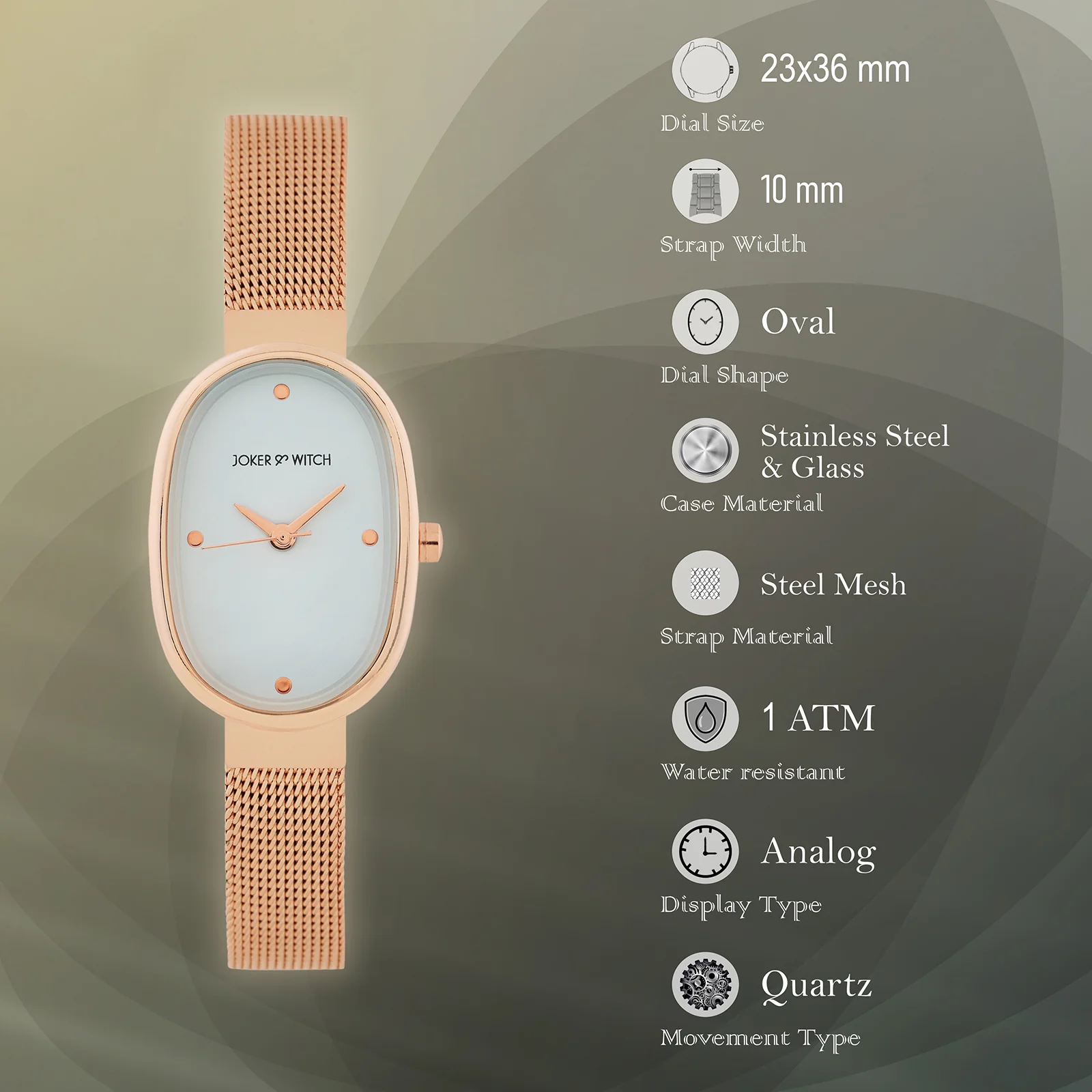 Enola White Small Oval Dial Rose Gold Mesh Strap Women's Watch - Image 7