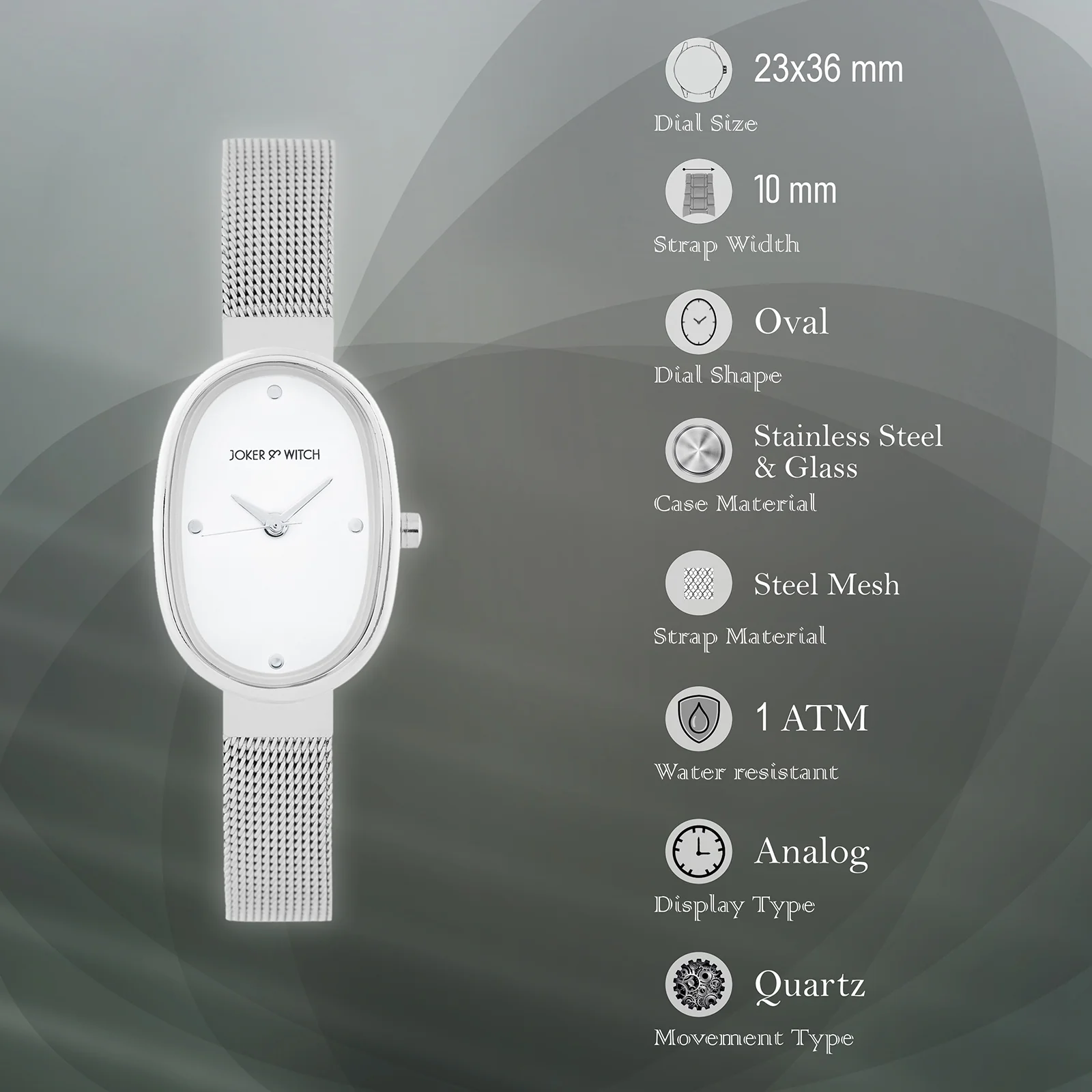 Enola White Small Oval Dial Silver Mesh Strap Women's Watch - Image 7