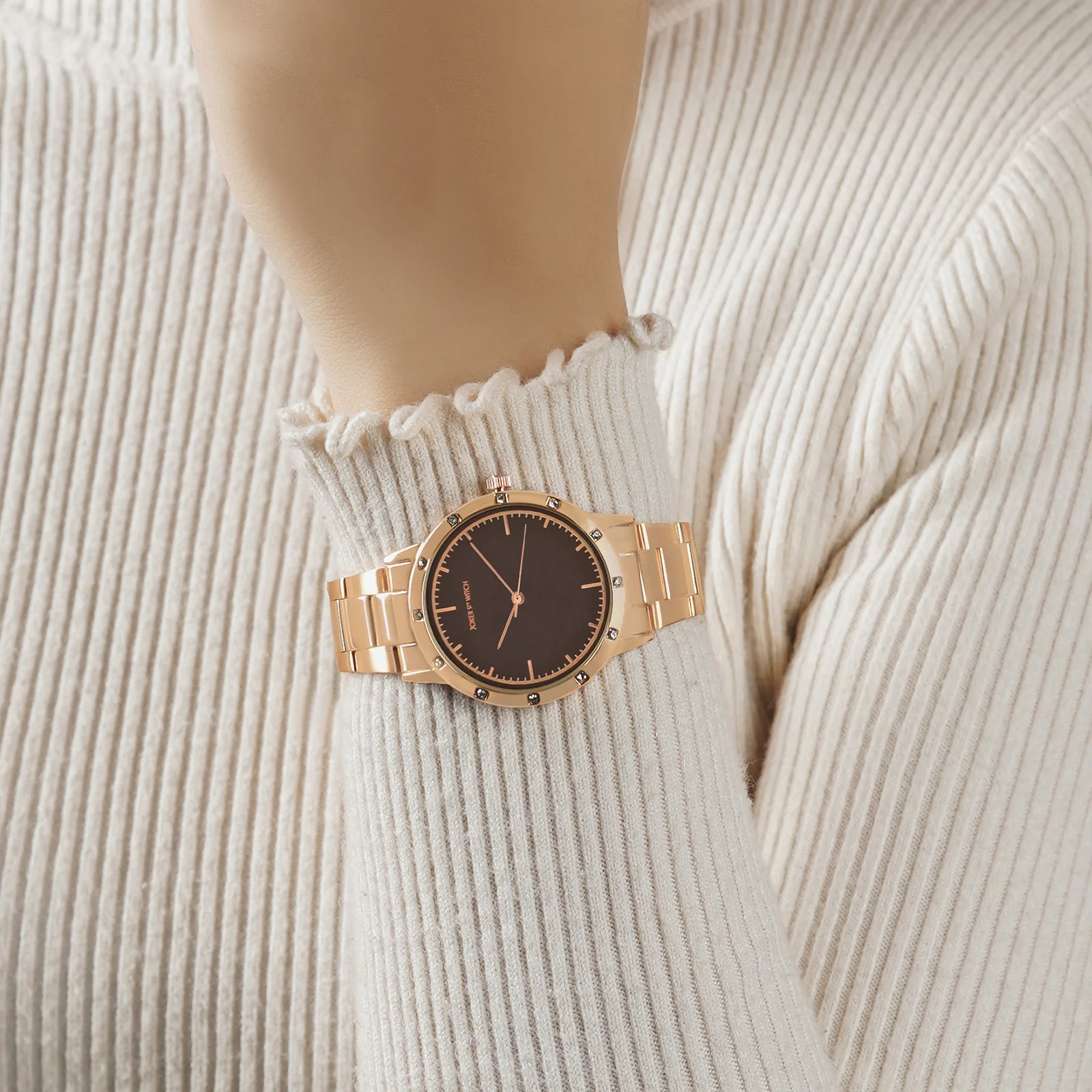 Eros Brown Medium Rhinestone Dial Rose Gold Linked Chain Strap Women's Watch - Image 2