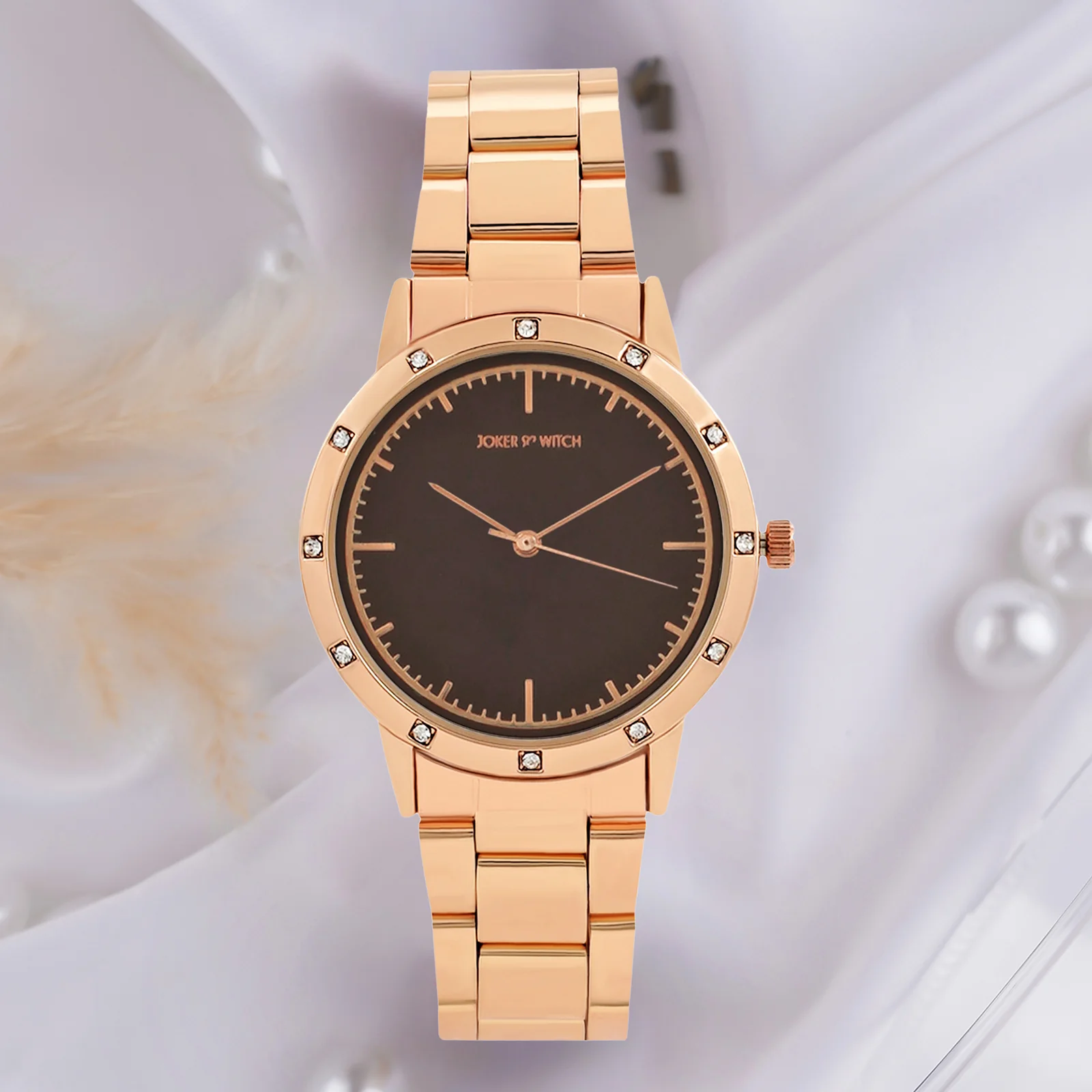 Eros Brown Medium Rhinestone Dial Rose Gold Linked Chain Strap Women's Watch - Image 3