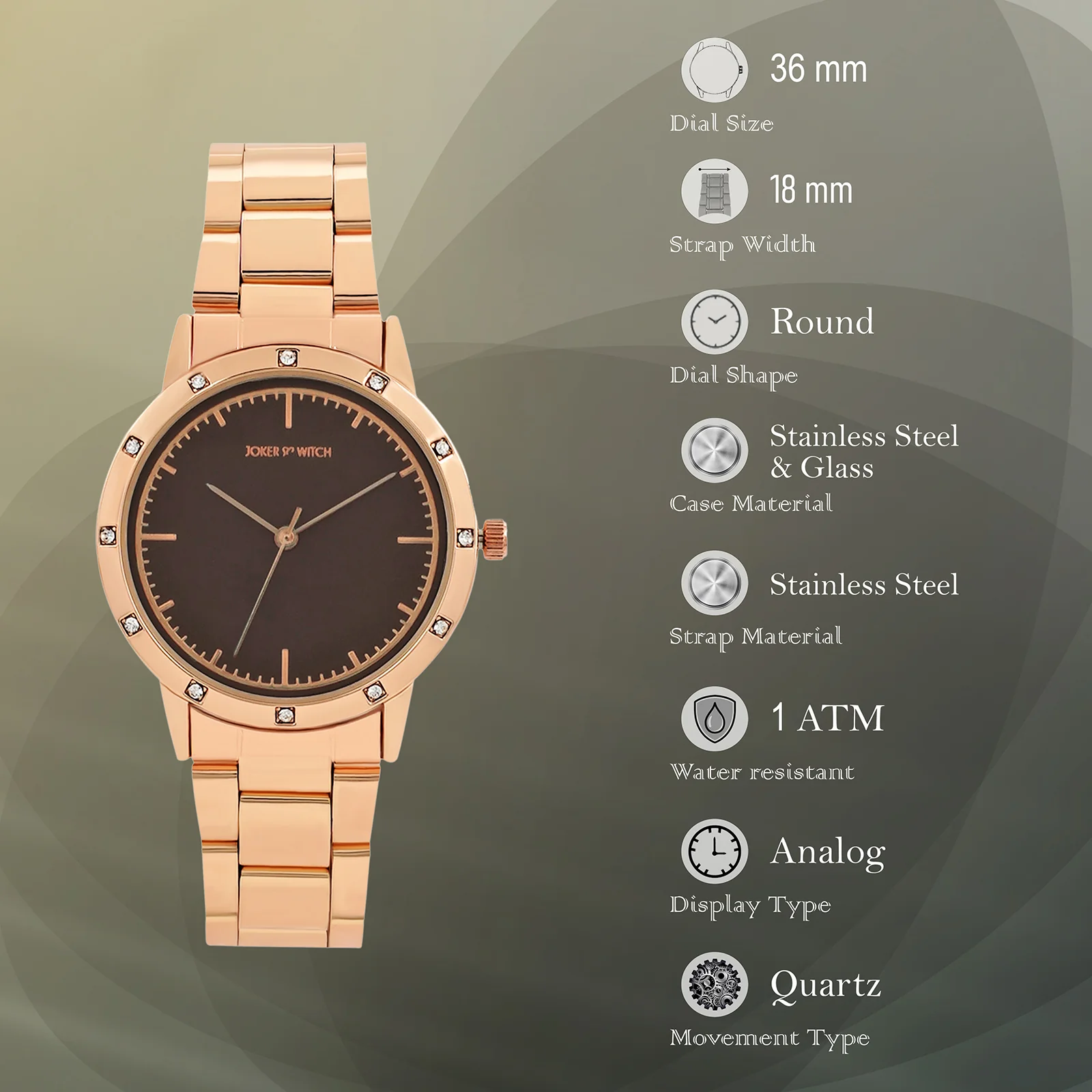Eros Brown Medium Rhinestone Dial Rose Gold Linked Chain Strap Women's Watch - Image 7