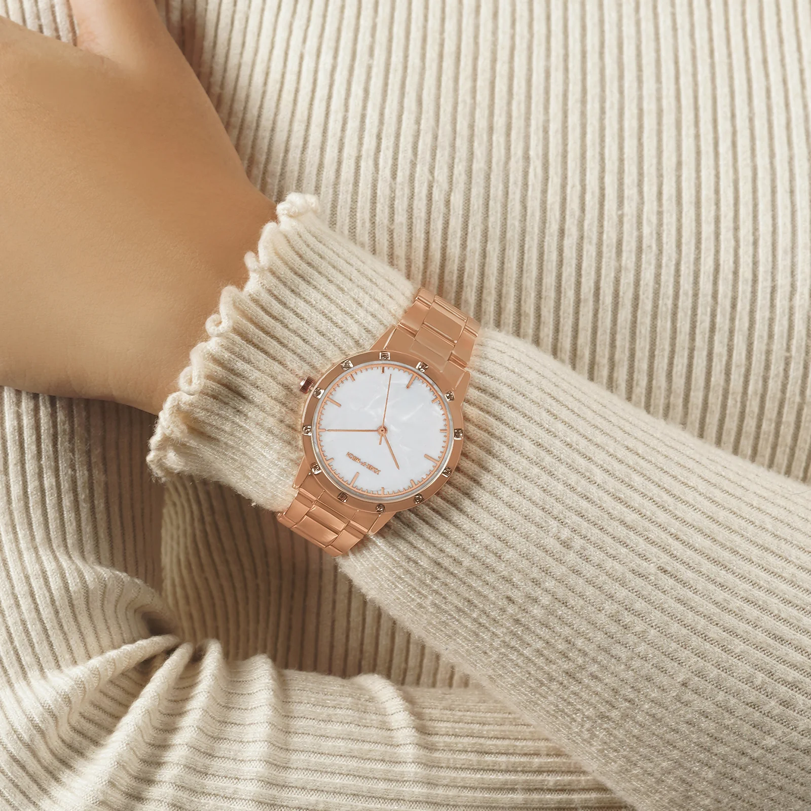 Eros White Medium Rhinestone Dial Rose Gold Linked Chain Strap Women's Watch - Image 2