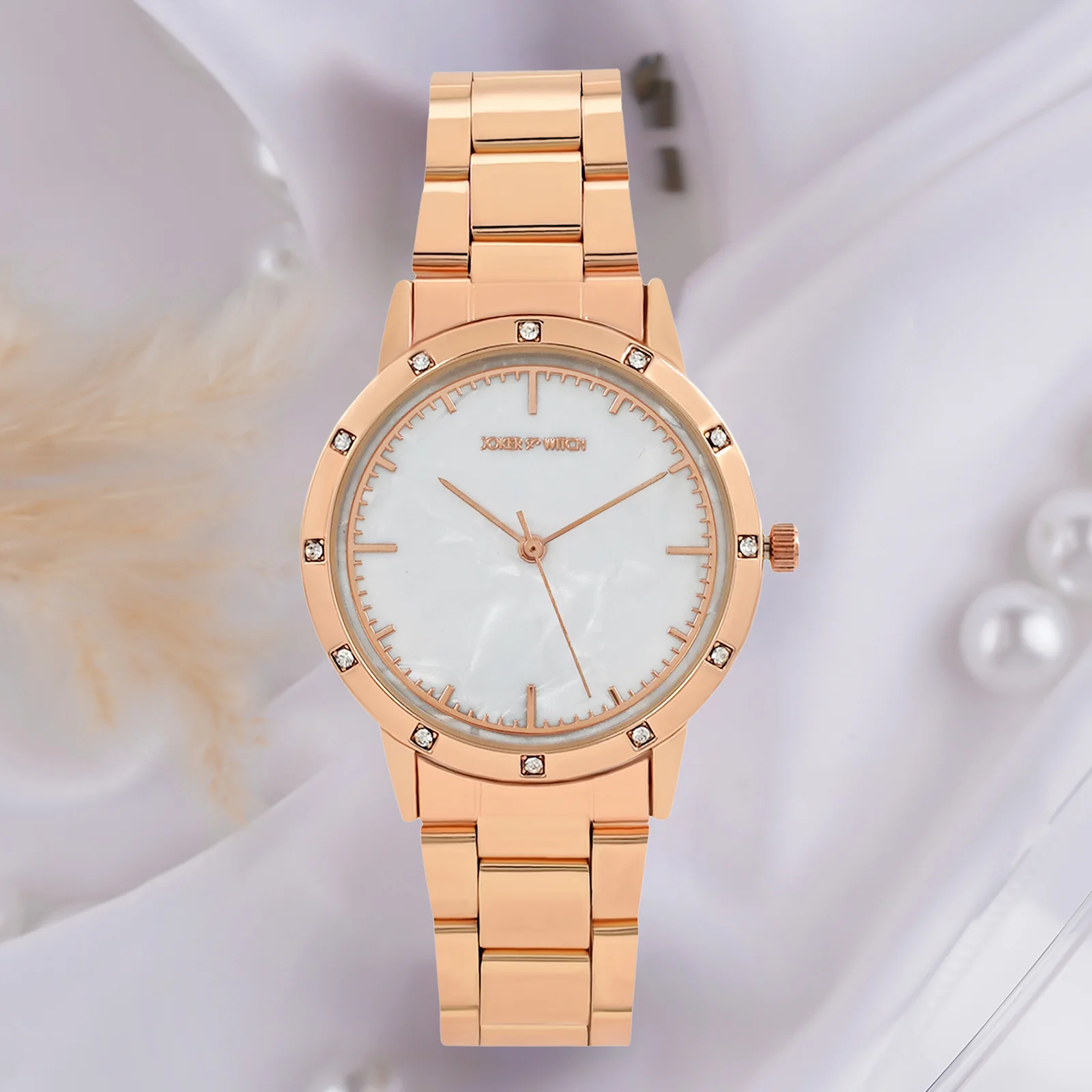 Eros White Medium Rhinestone Dial Rose Gold Linked Chain Strap Women's Watch - Image 3