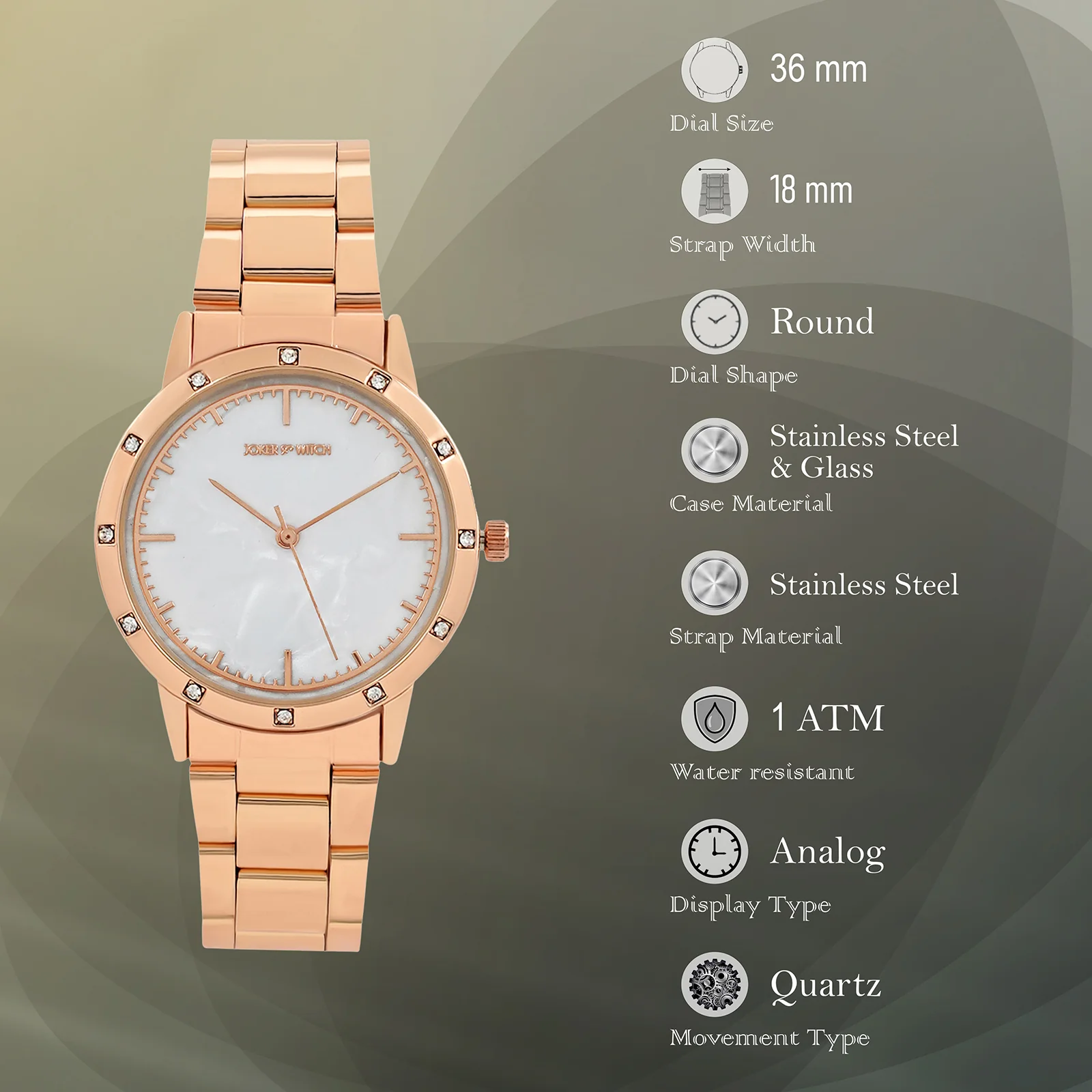 Eros White Medium Rhinestone Dial Rose Gold Linked Chain Strap Women's Watch - Image 7