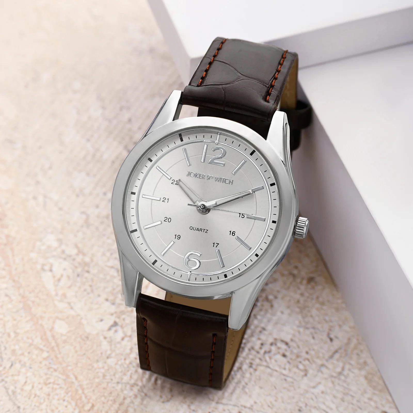 Falconer Silver Large Dial Brown PU Strap Men's Watch - Image 2