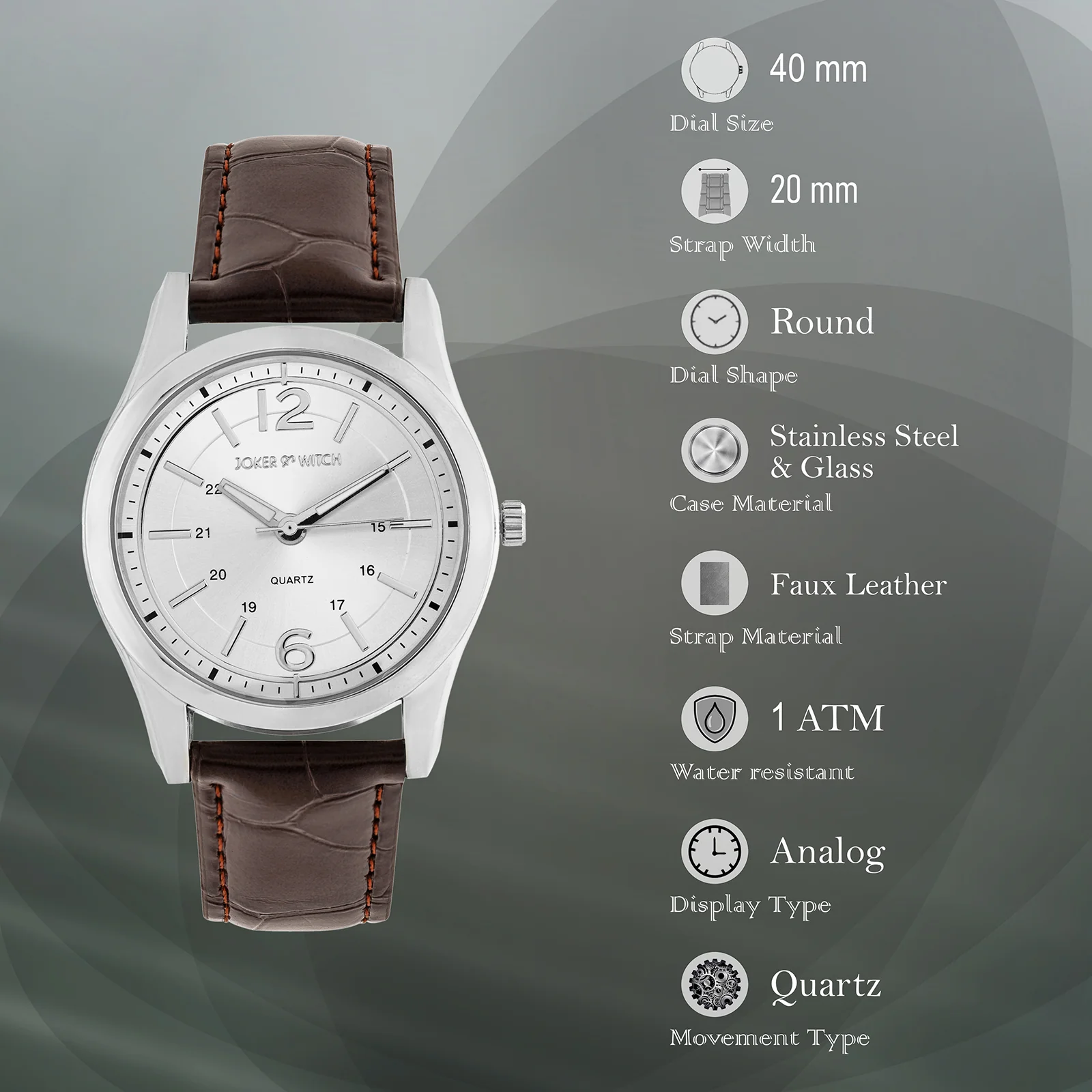 Falconer Silver Large Dial Brown PU Strap Men's Watch - Image 7