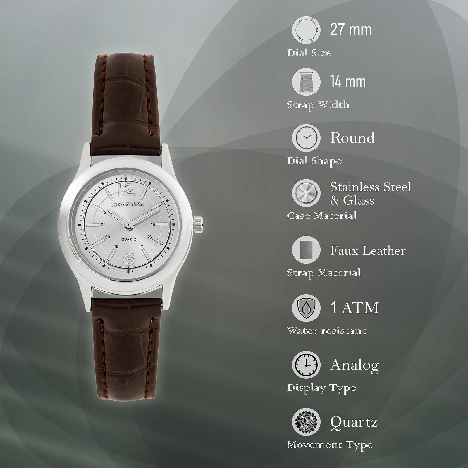 Falconer Silver Mini Dial Brown PU Strap Women's Watch - Image 7
