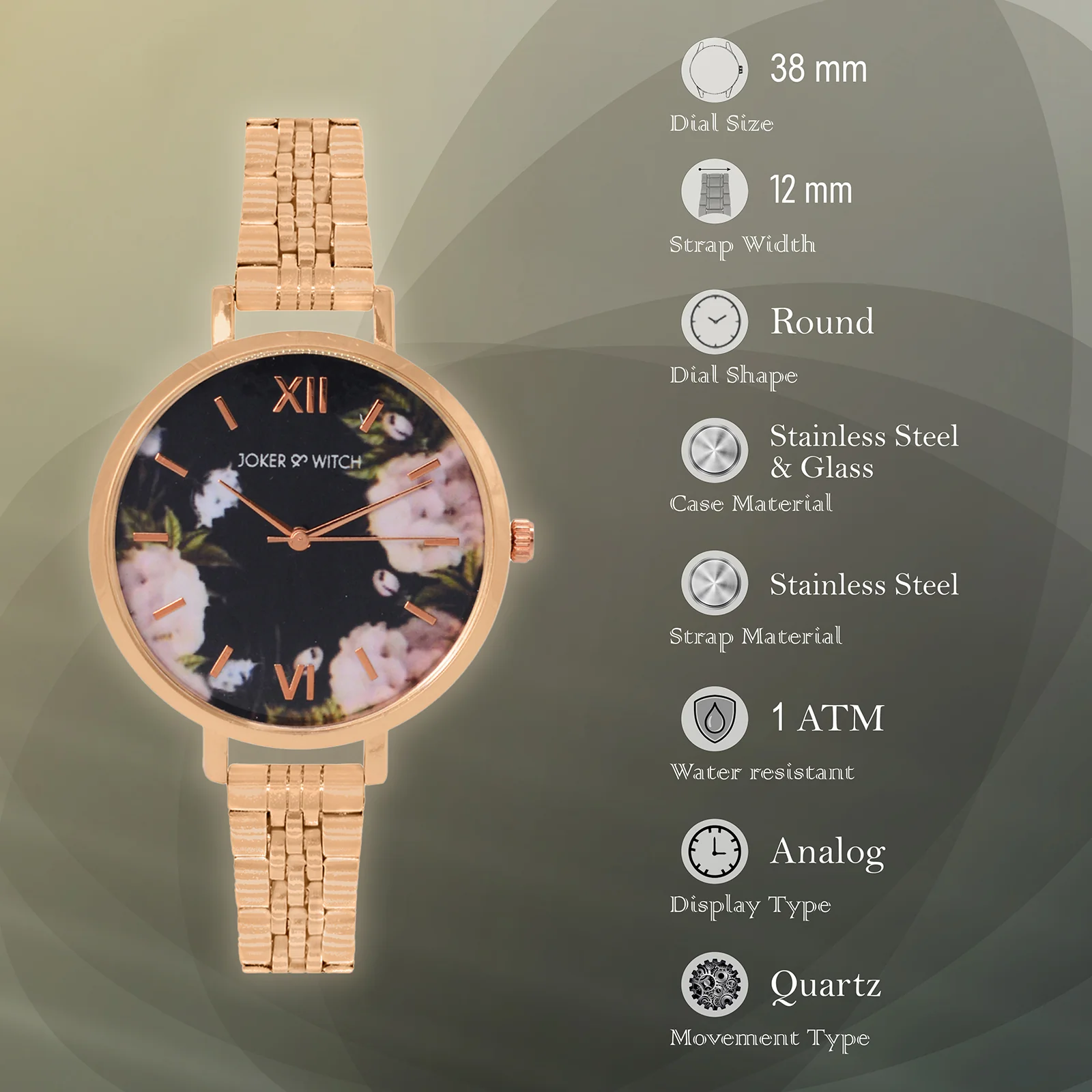 Fleur Black Large Dial Rose Gold Linked Chain Strap Women's Watch - Image 6