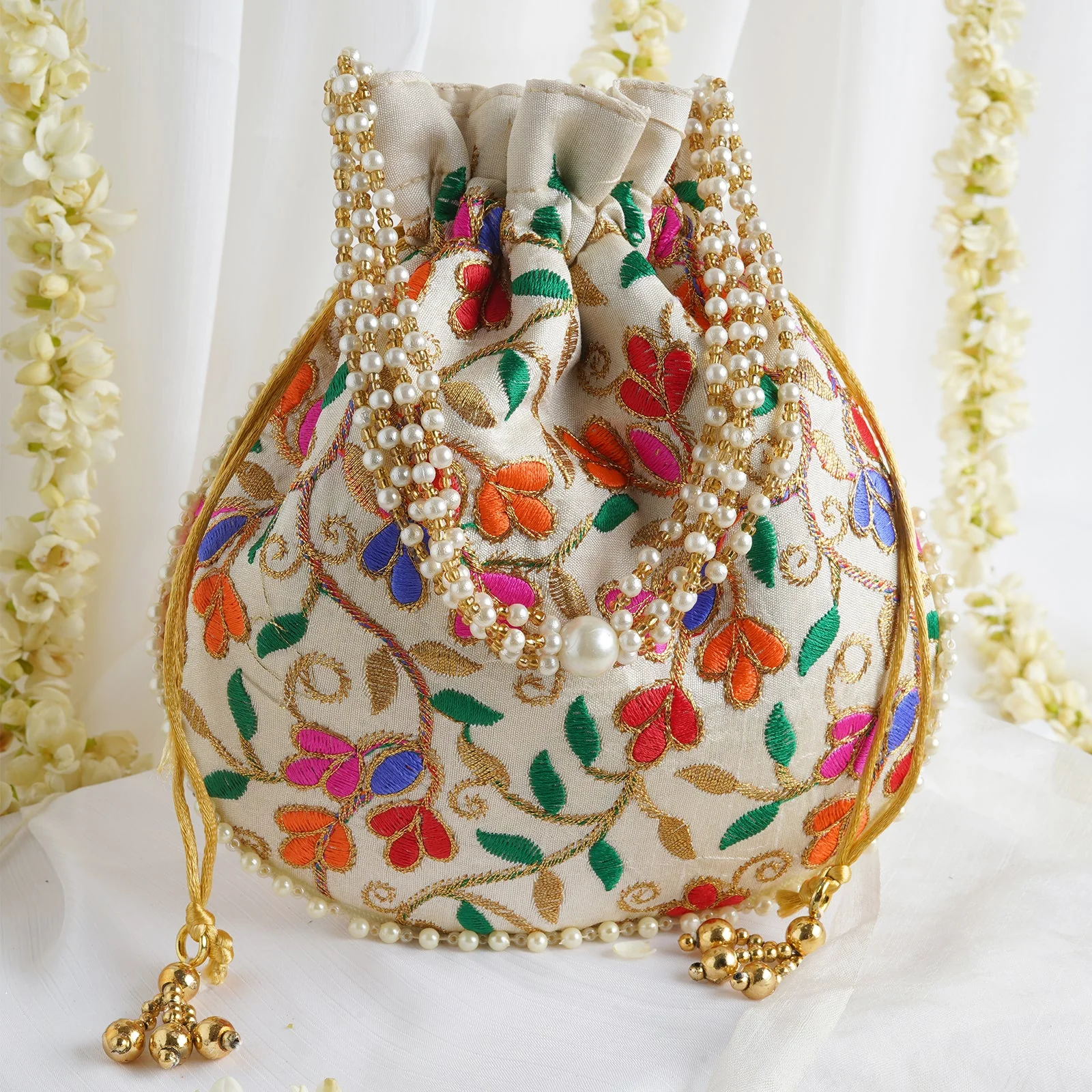 Floral Dream Multicolour Embroidered Potli Bag - Image 2
