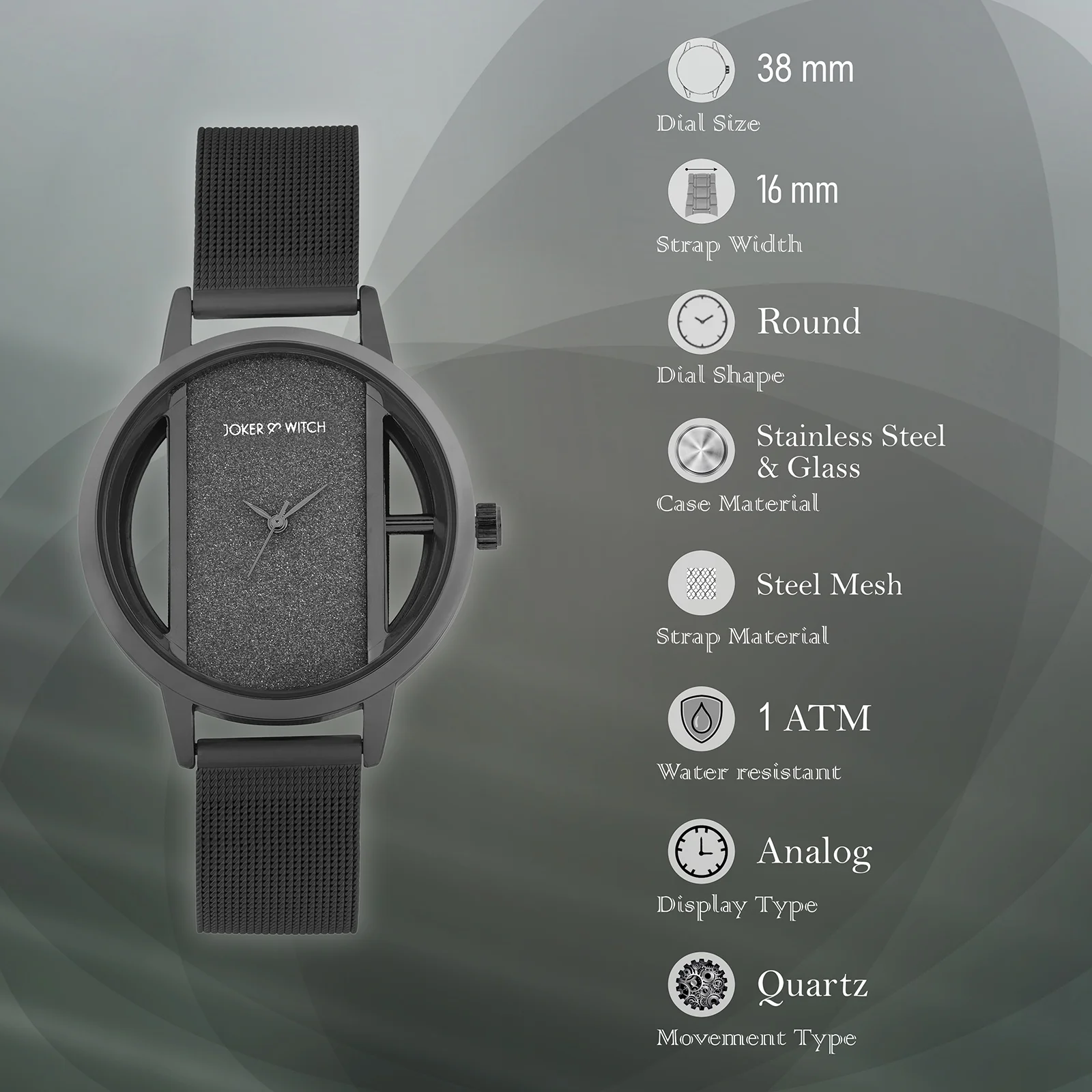 Futuristic Black Large Glitter Dial Mesh Strap Women's Watch - Image 7