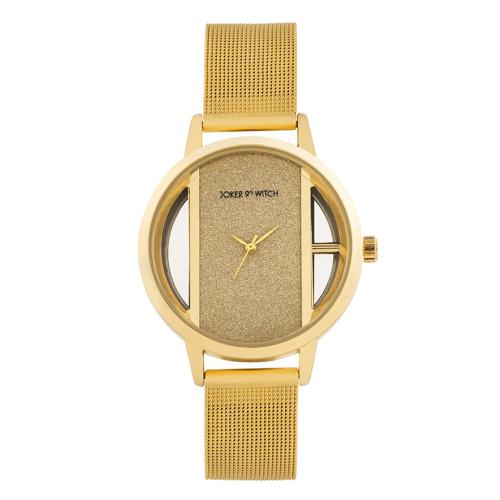 Futuristic Gold Large Glitter Dial Mesh Strap Women's Watch - Image 3