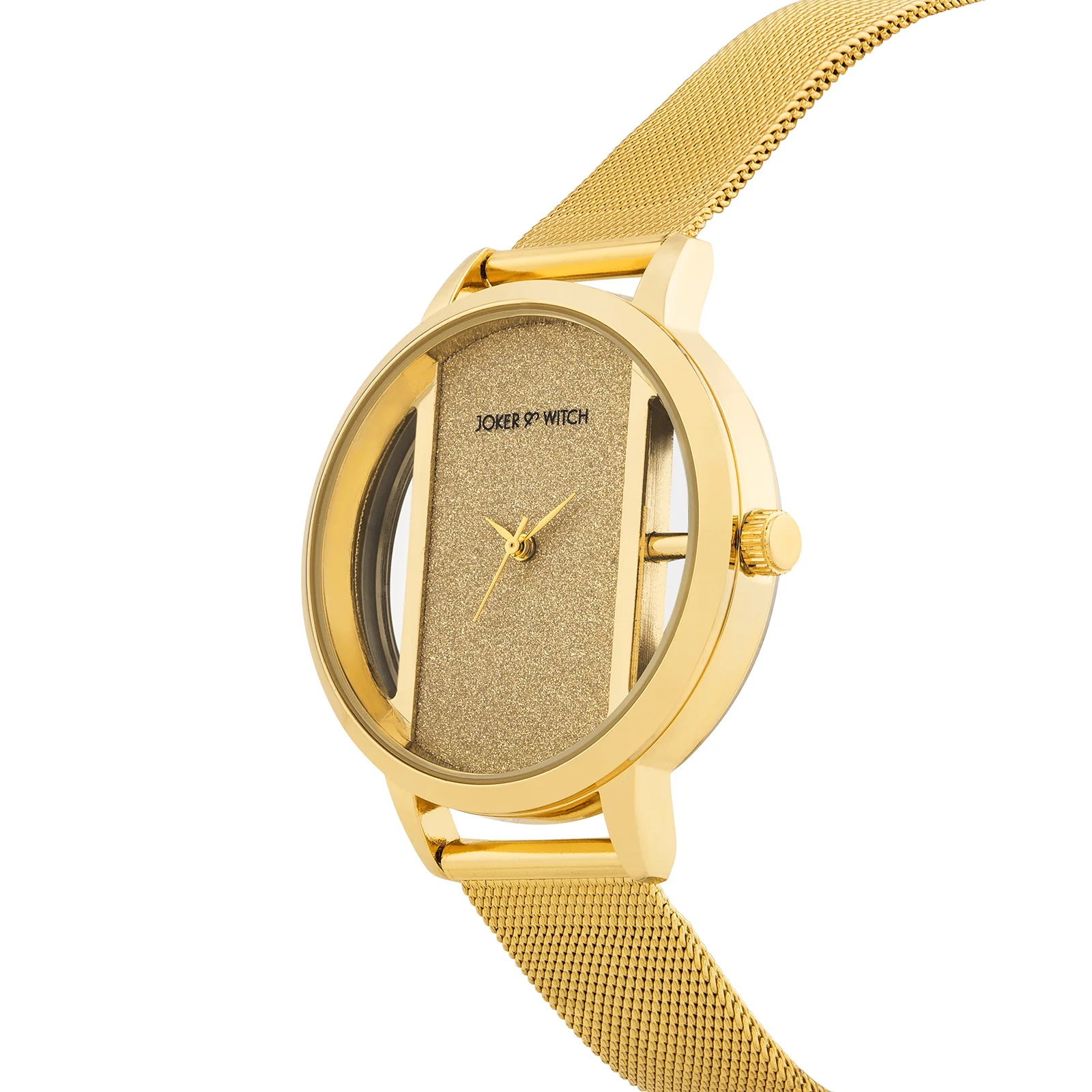 Futuristic Gold Large Glitter Dial Mesh Strap Women's Watch - Image 4