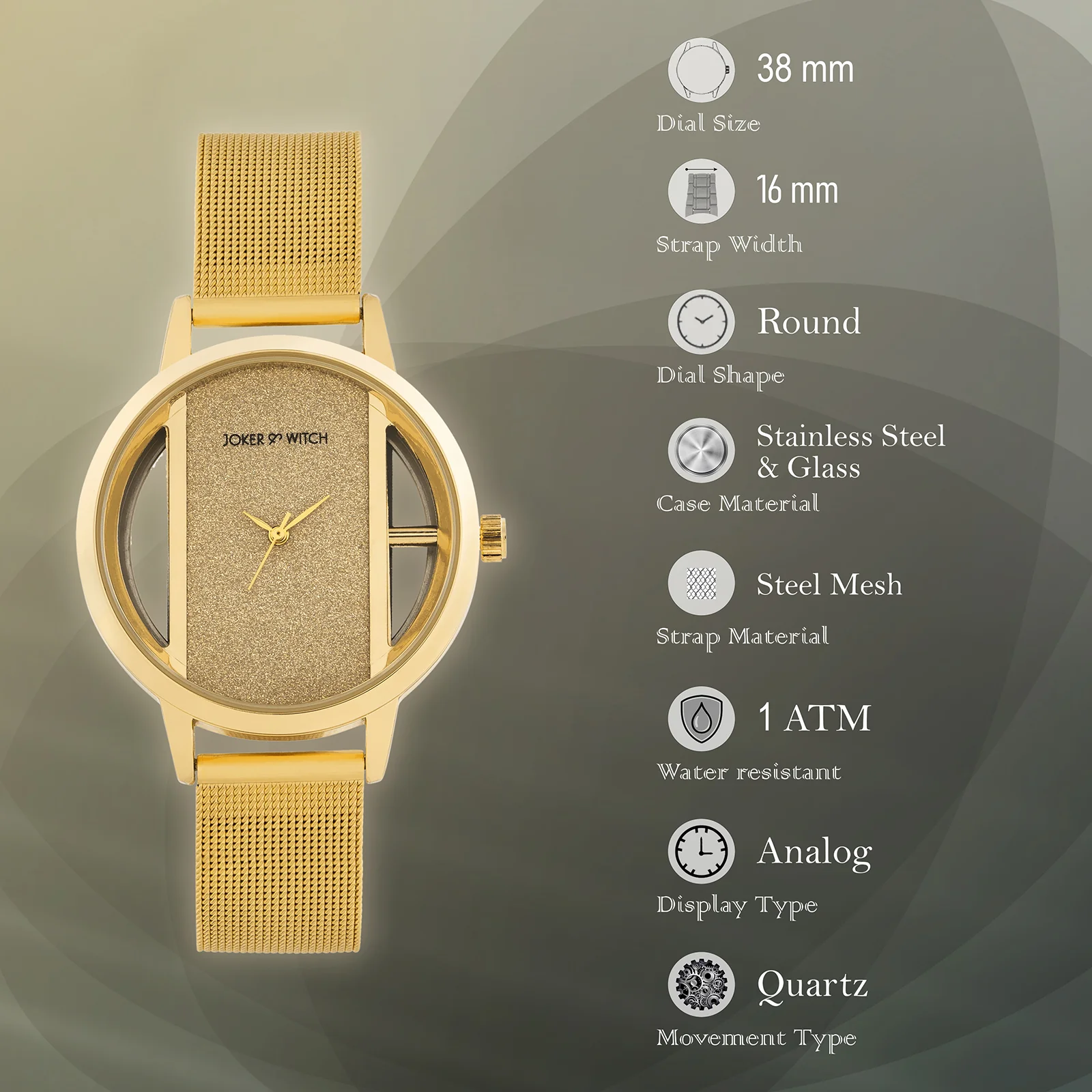 Futuristic Gold Large Glitter Dial Mesh Strap Women's Watch - Image 7