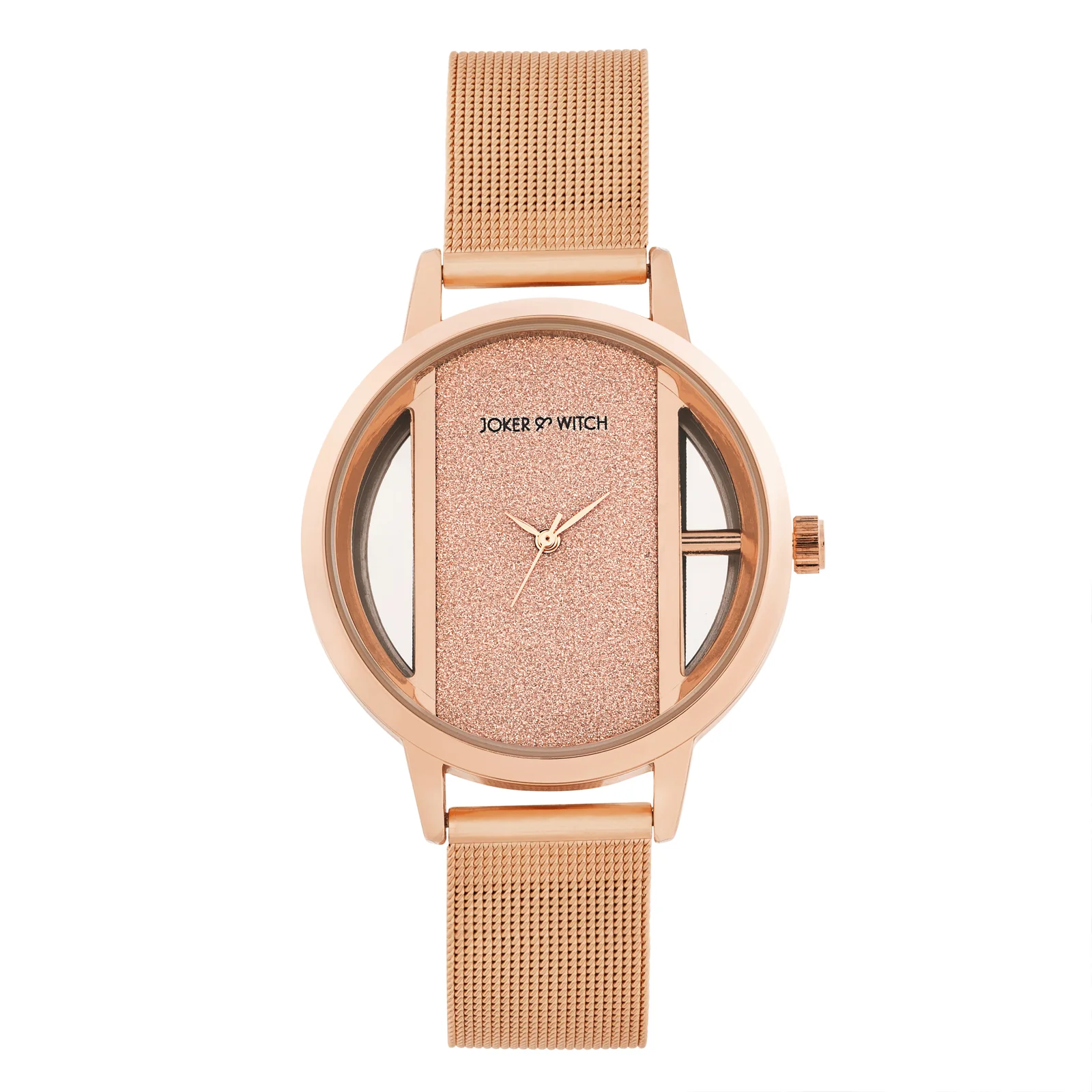 Futuristic Rose Gold Large Glitter Dial Mesh Strap Women's Watch - Image 2