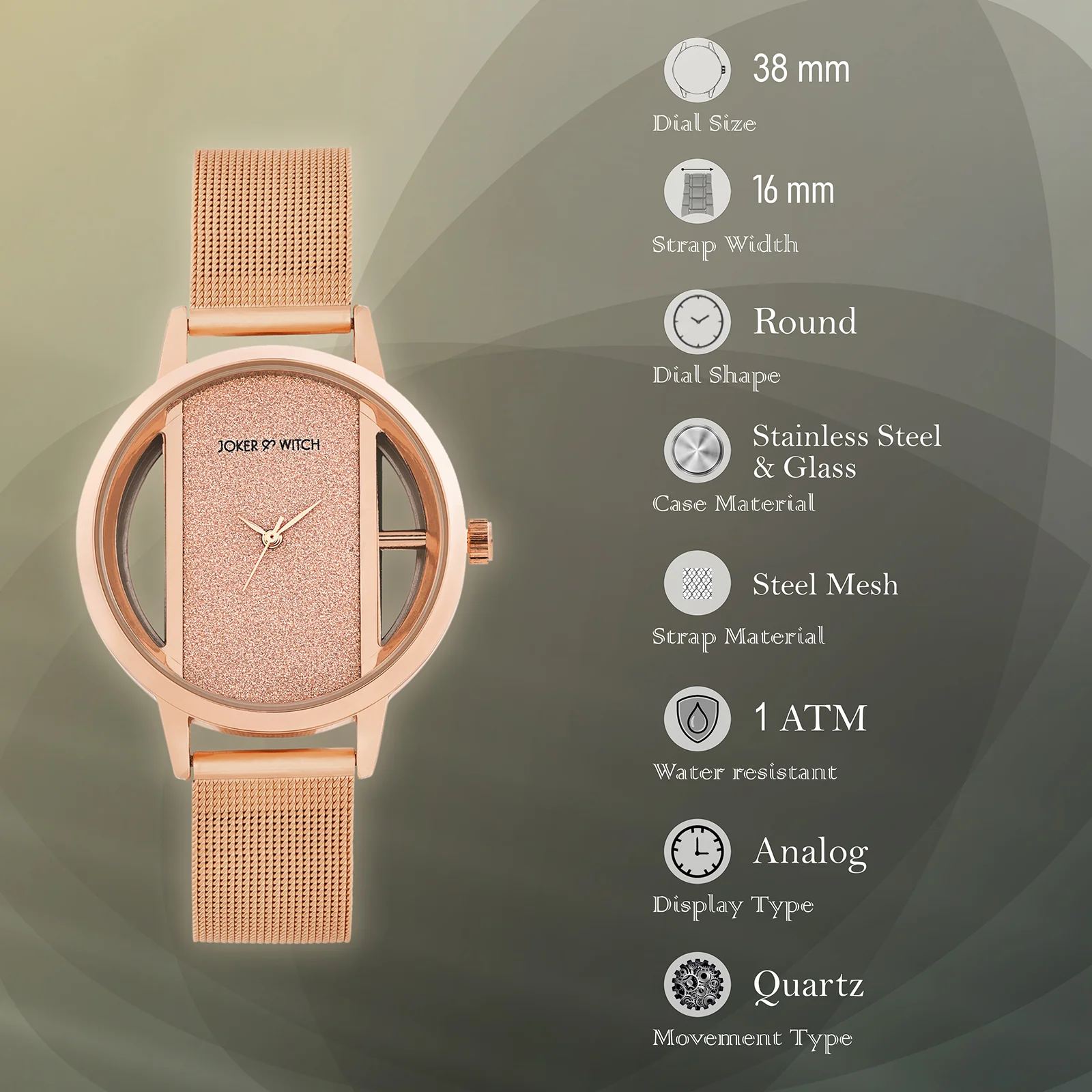 Futuristic Rose Gold Large Glitter Dial Mesh Strap Women's Watch - Image 7