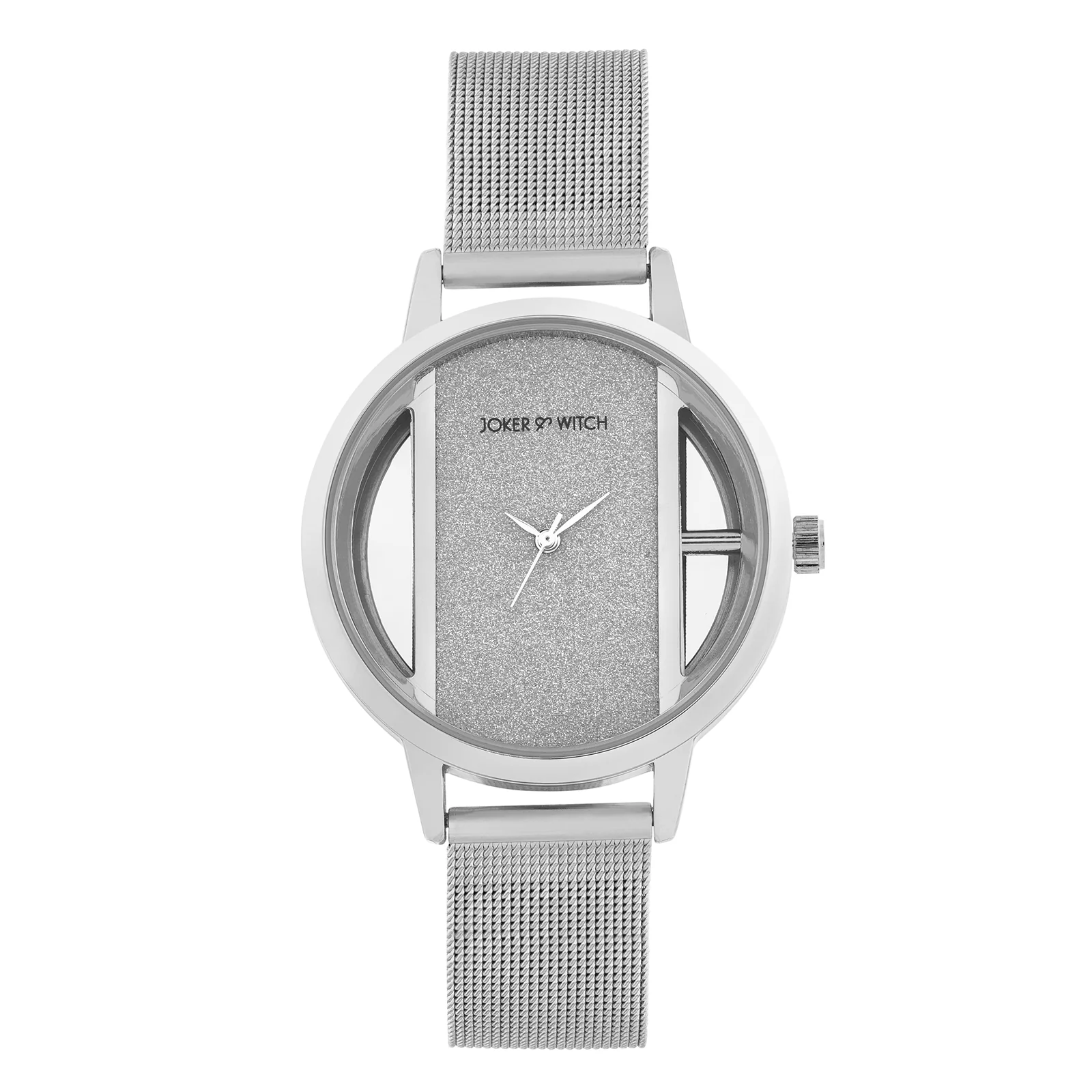 Futuristic Silver Large Glitter Dial Mesh Strap Women's Watch - Image 3