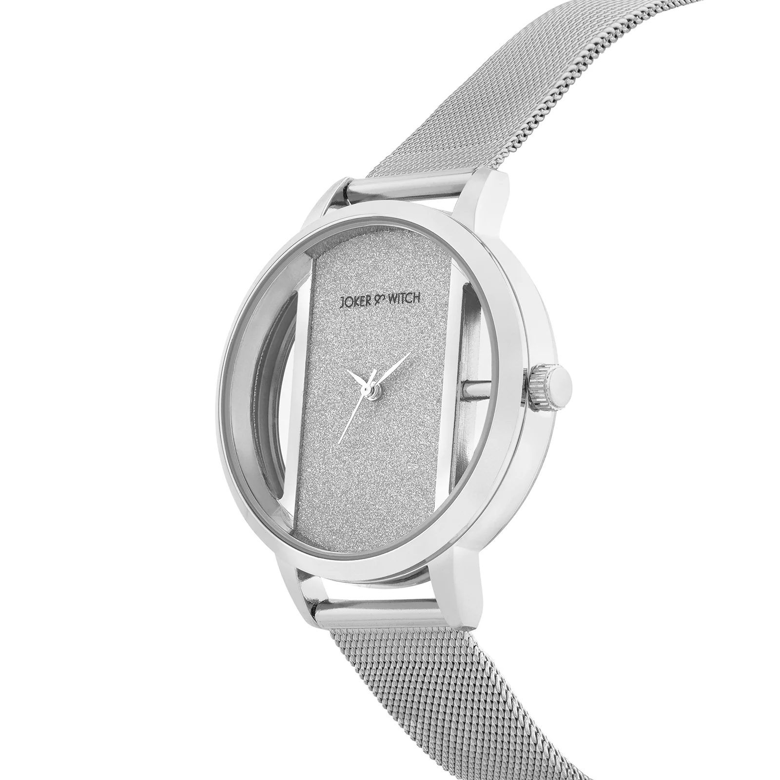 Futuristic Silver Large Glitter Dial Mesh Strap Women's Watch - Image 4