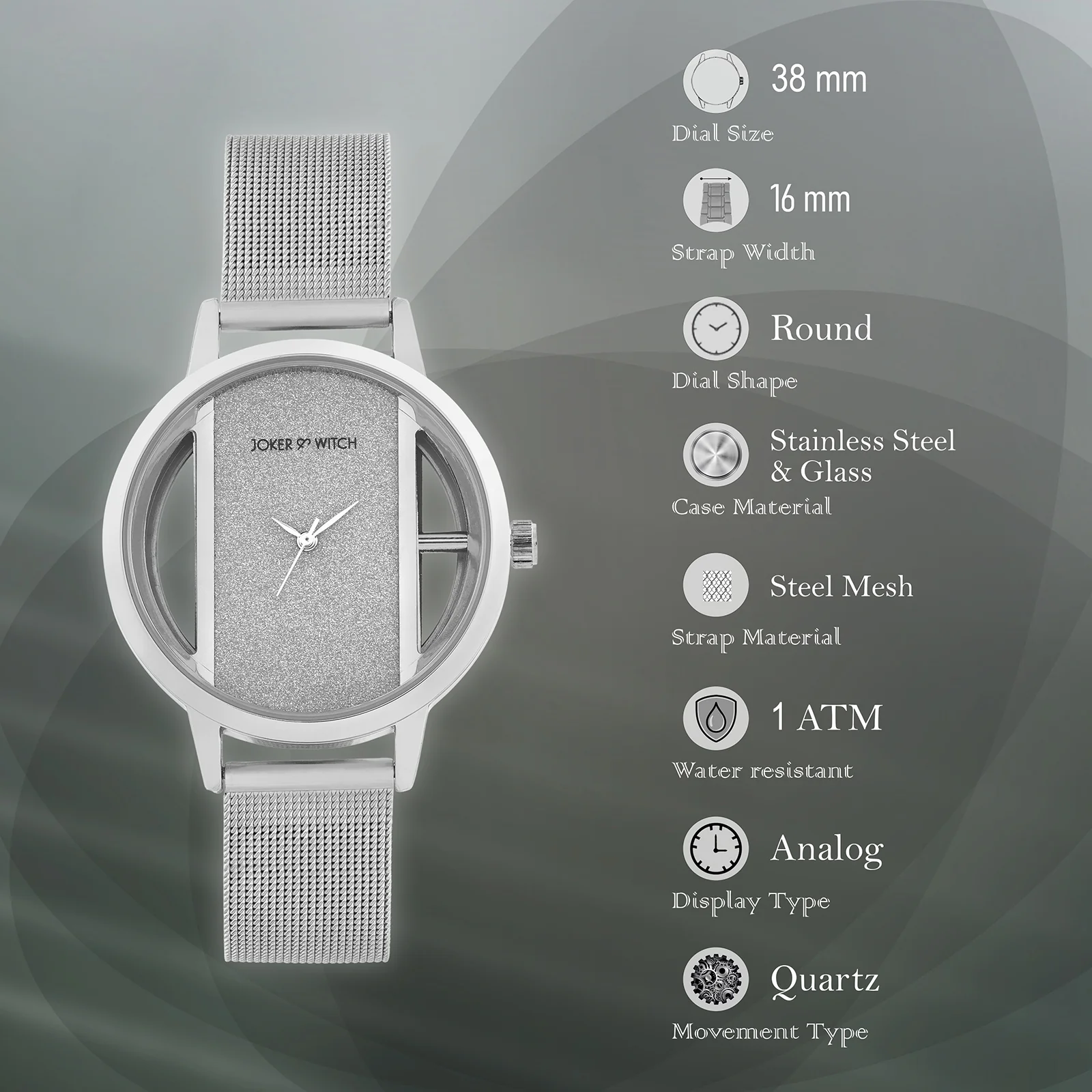 Futuristic Silver Large Glitter Dial Mesh Strap Women's Watch - Image 7