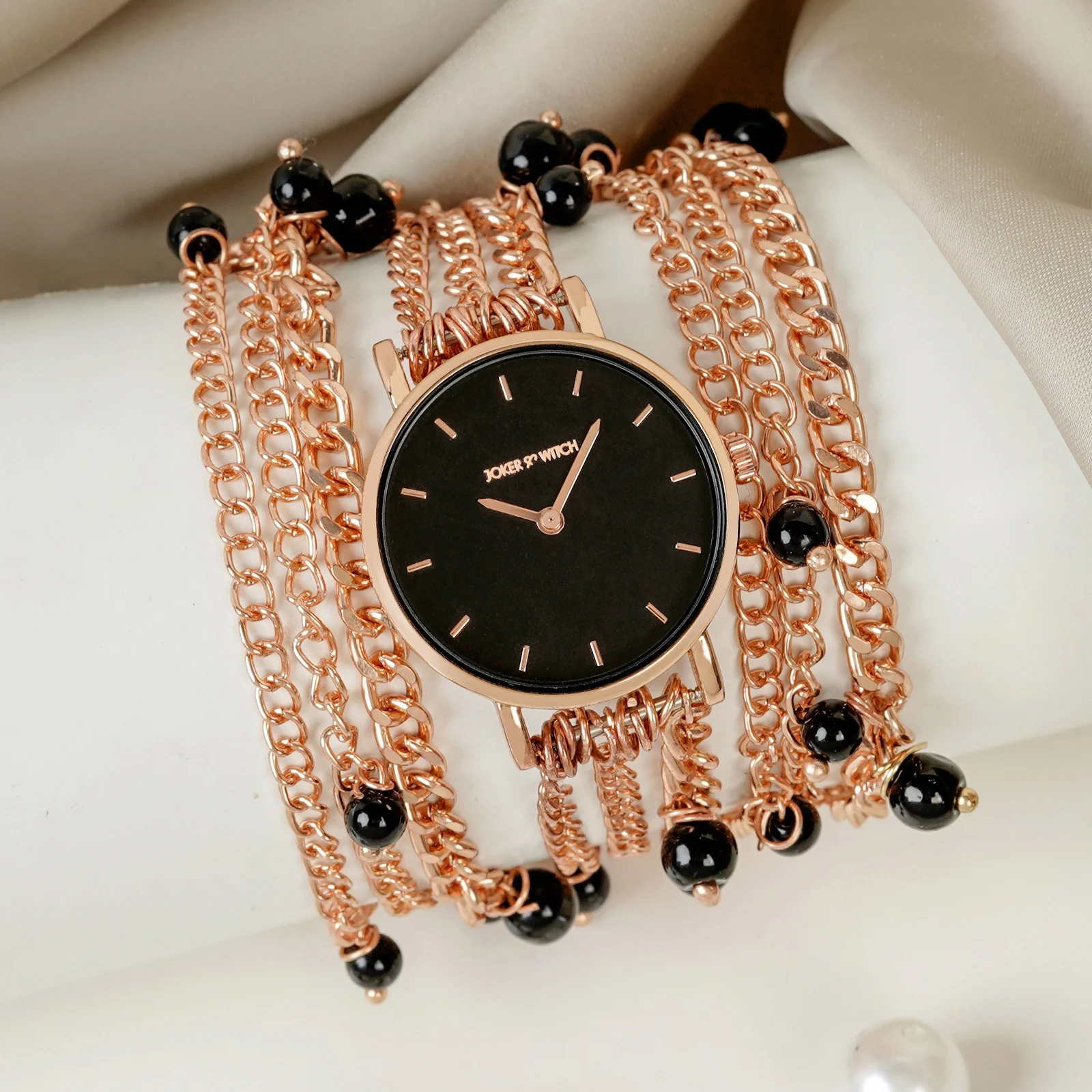 Genevieve Black Small Dial Rose Gold Pearl Wrap Around Strap Women's Watch - Image 3