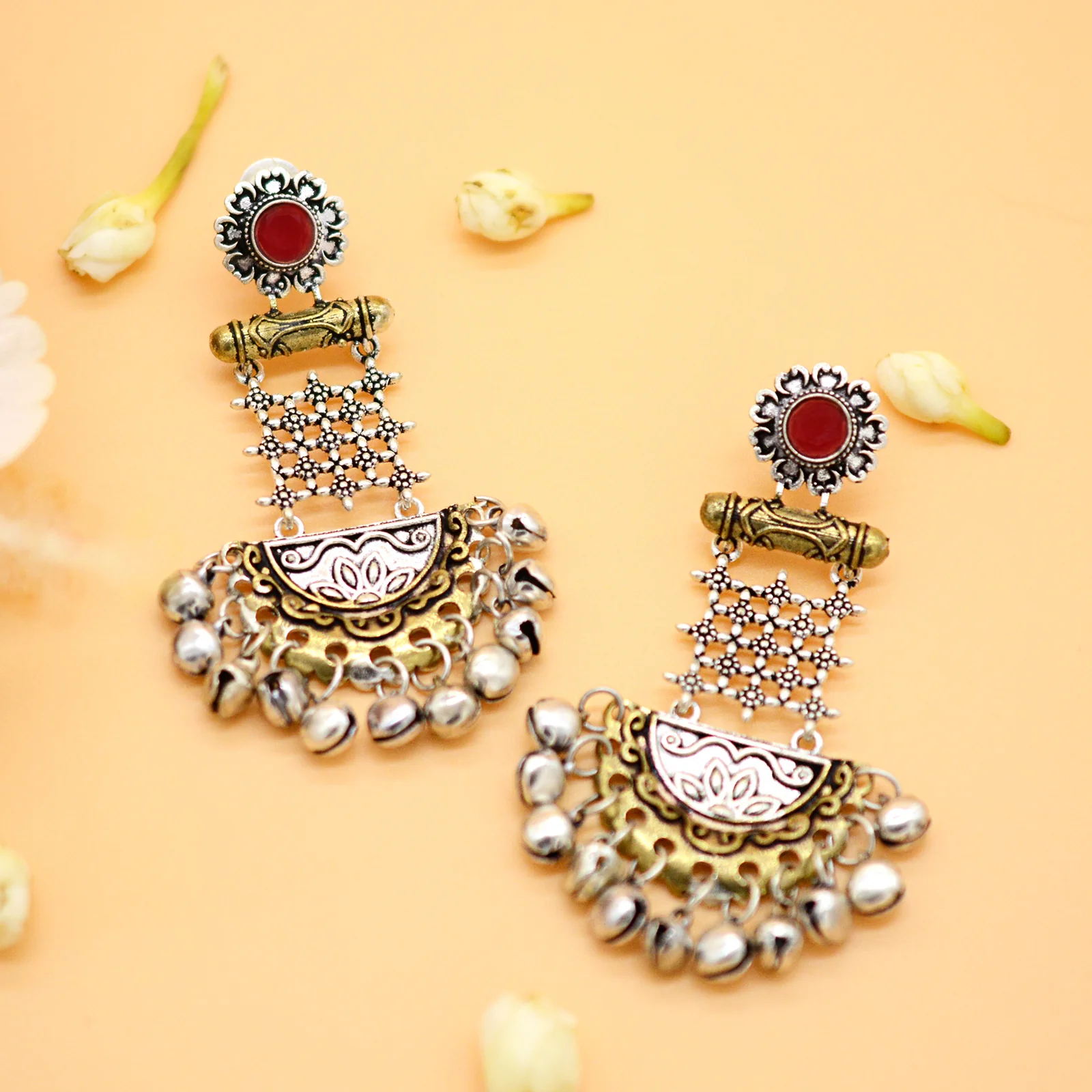 Geometric Red Dual Tone Earrings - Image 2