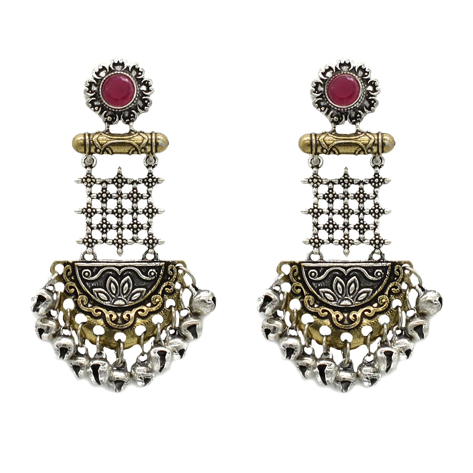 Geometric Red Dual Tone Earrings - Image 3